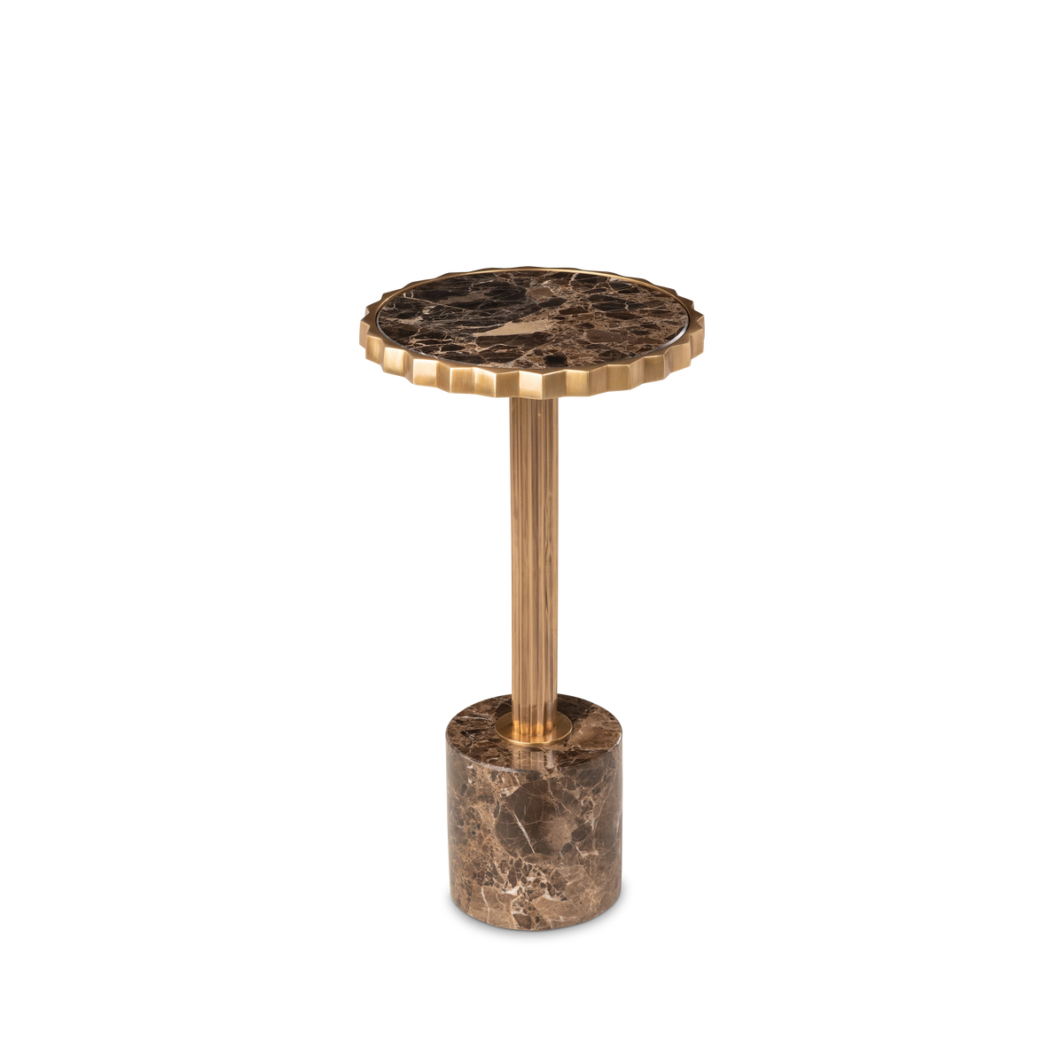 Mabel Pull Up Table in dark brown Emperador marble shown from the front, with a scalloped metal rim, fluted column and cylindrical marble base.