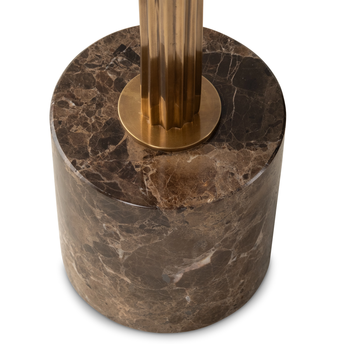 Close-up showing the cylindrical dark brown marble base, round metal collar and lower flutes of the column, with lighter taupe veining across the stone.