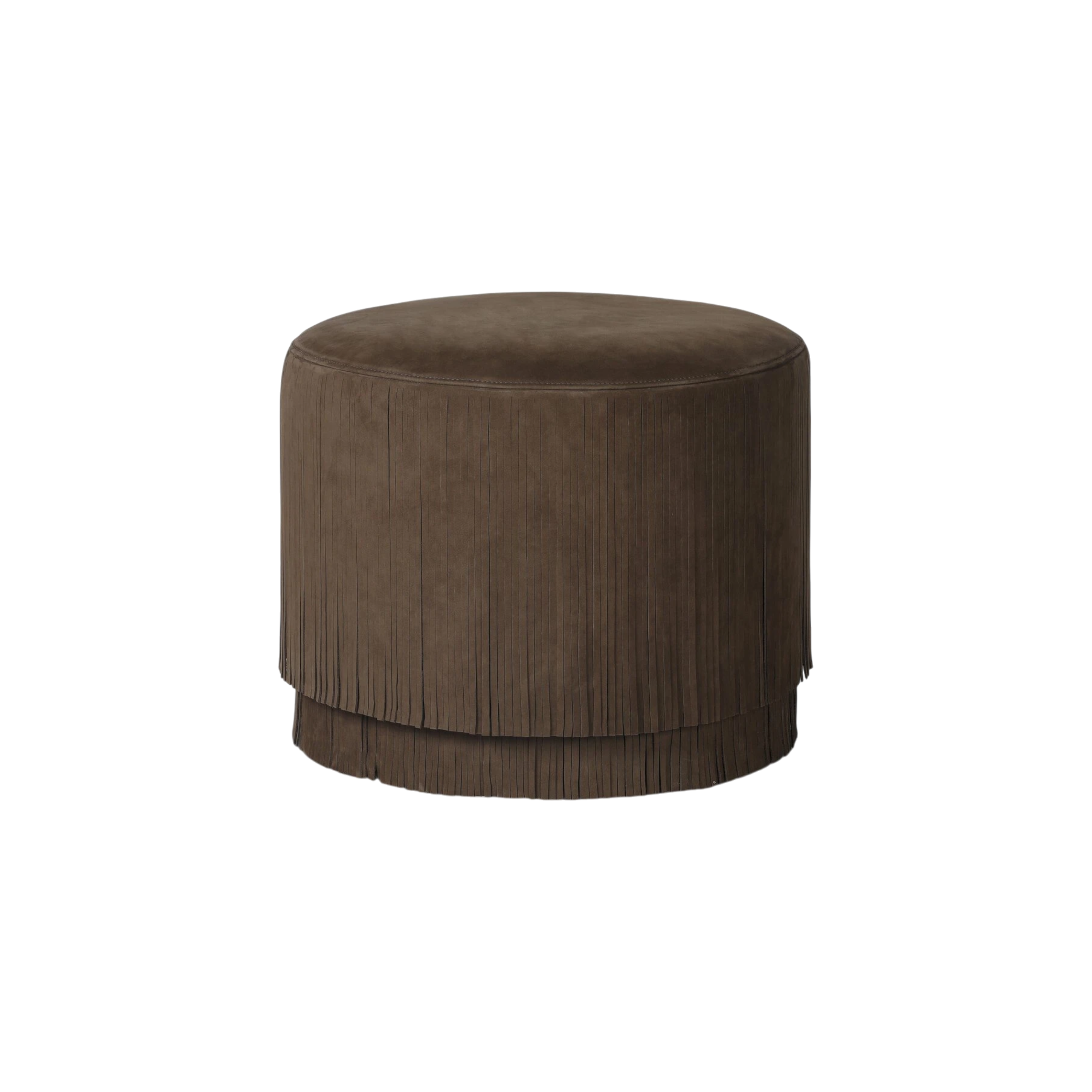 Bauer Ottoman with a dark brown suede-like finish and vertical fringe trim around the sides and base, shown on a plain white background.