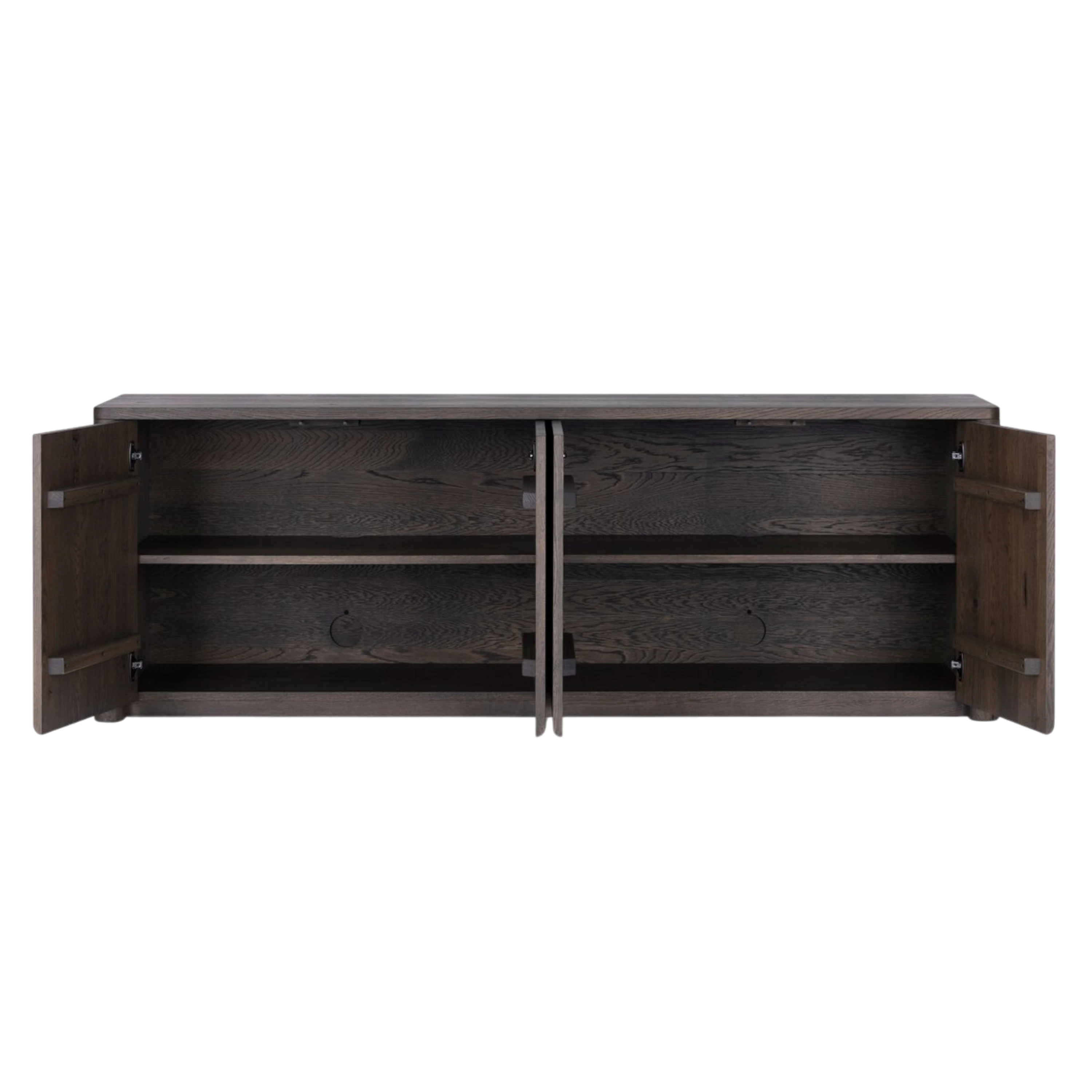 Hewitt Sideboard with all four doors open, revealing spacious interior compartments with adjustable wood shelving.