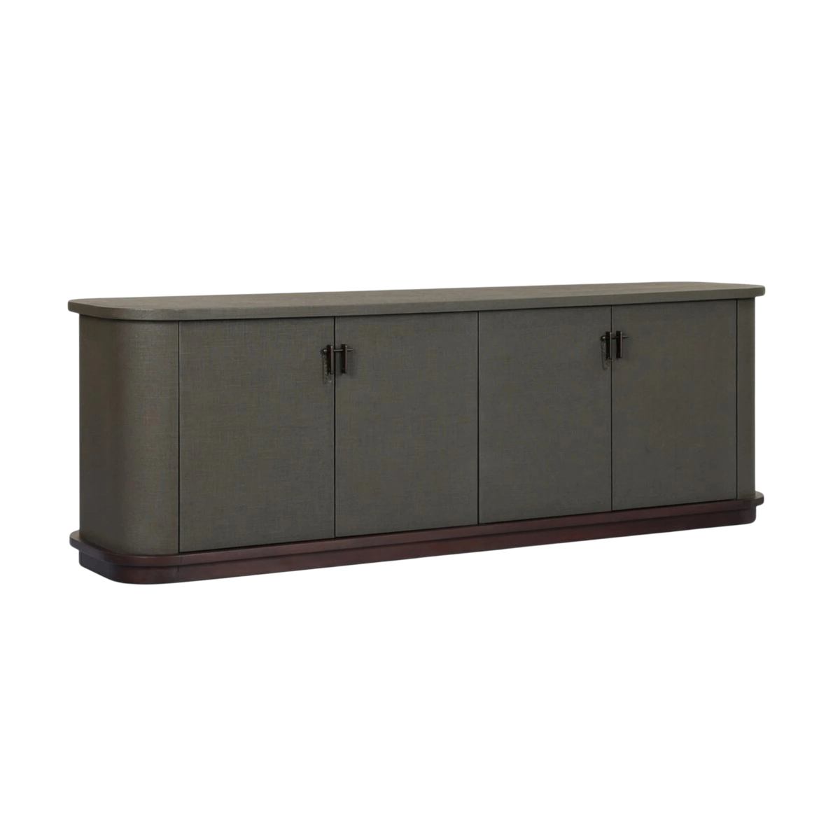 Angled view of the Fletcher Sideboard showing its long moss green lacquered linen body, rounded ends, bronze hardware and dark wood base.