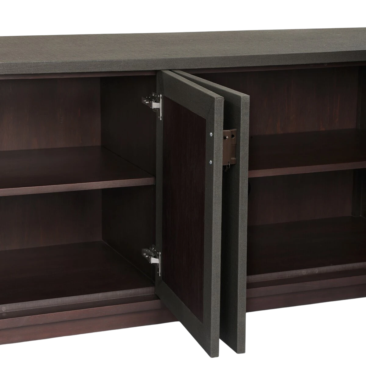 Close-up of the Fletcher Sideboard interior showing dark wood shelving, concealed hinges and the linen-wrapped door construction.