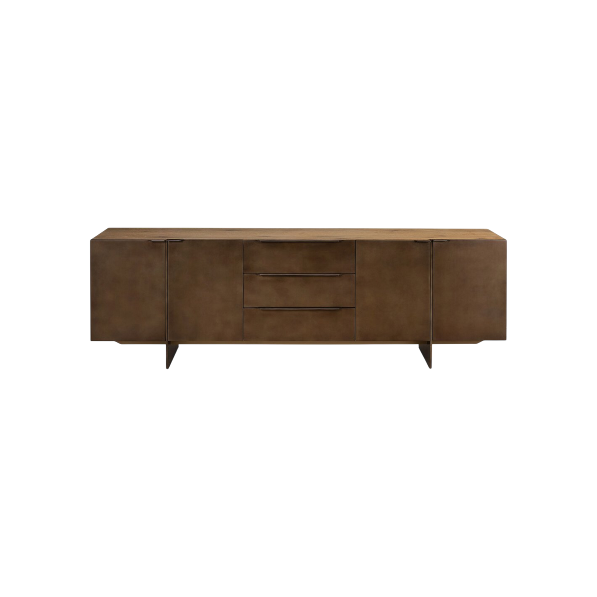 Sonoma Sideboard front view with warm smoked oak case, dark iron-clad doors, three center drawers and slim bronze hardware.