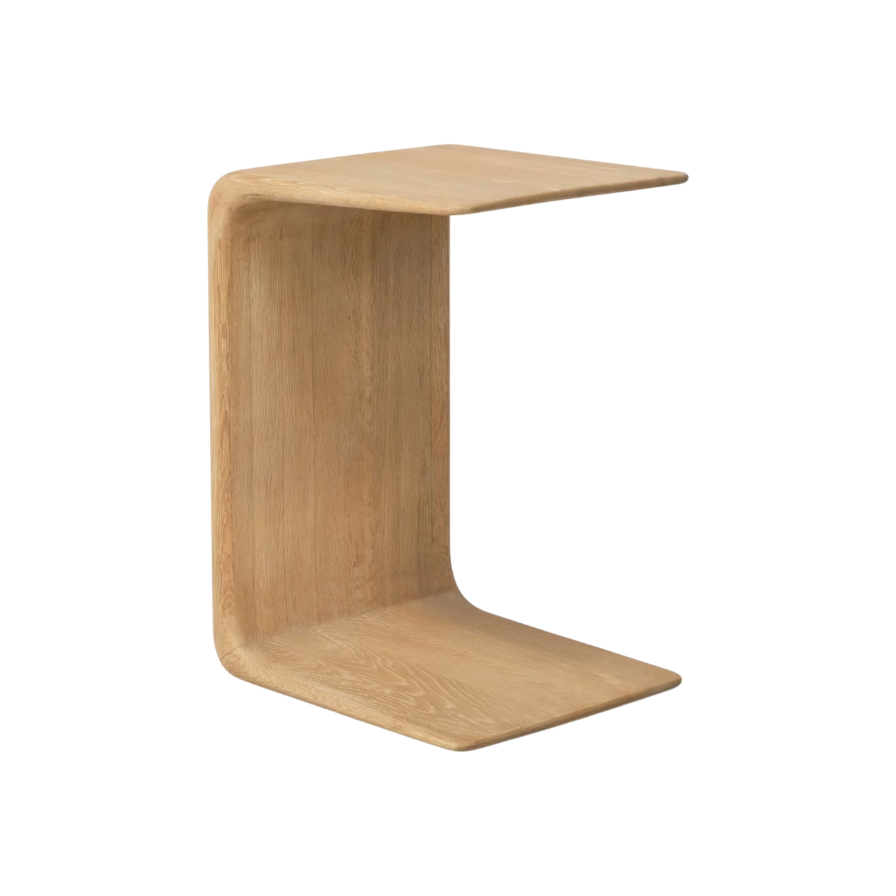 Tribute Side Table in light wood with a sculptural C-shaped silhouette, rounded edges and cantilevered top.