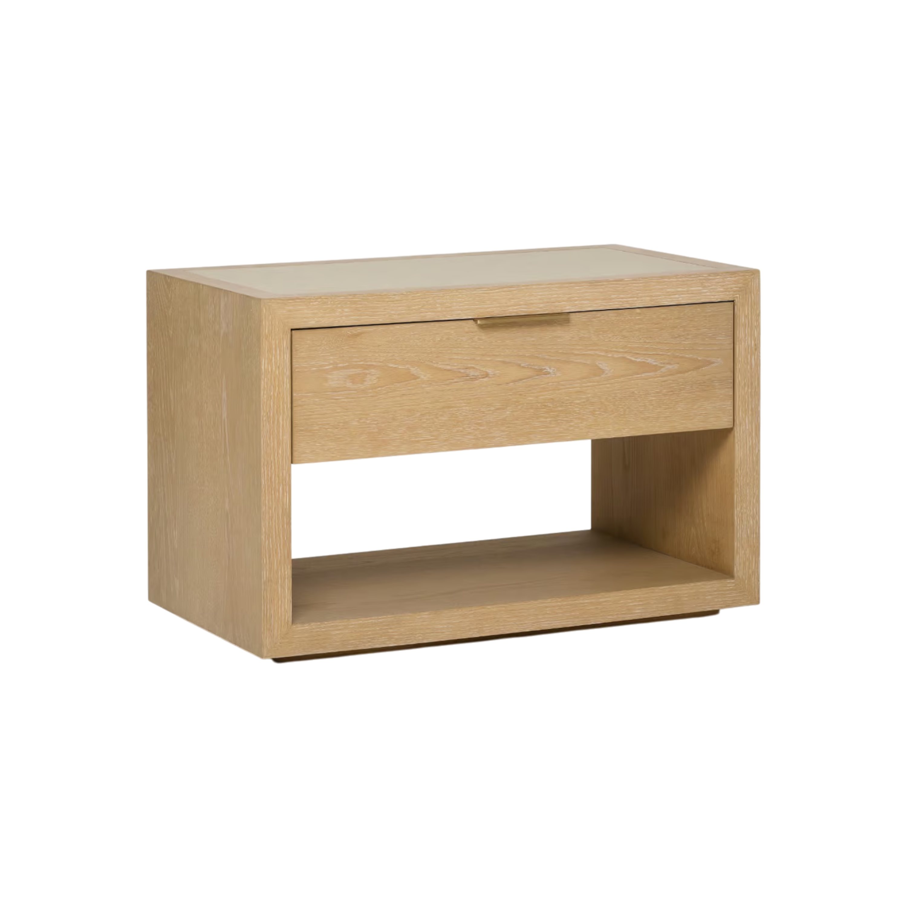 Cleo Nightstand in pale wood with single drawer, brass pull and open lower shelf