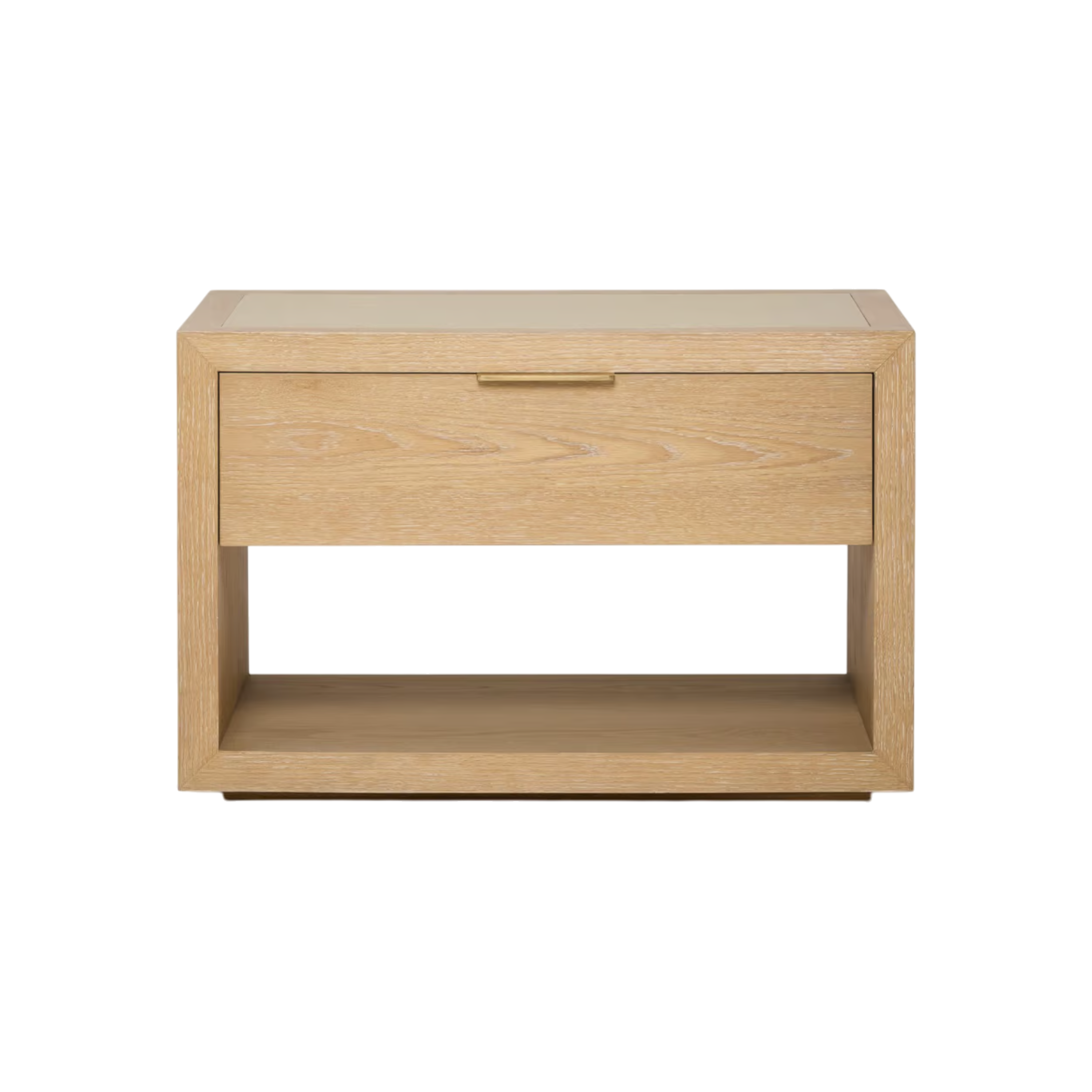 Front view of Cleo Nightstand with cream inset top, wood drawer and open shelf