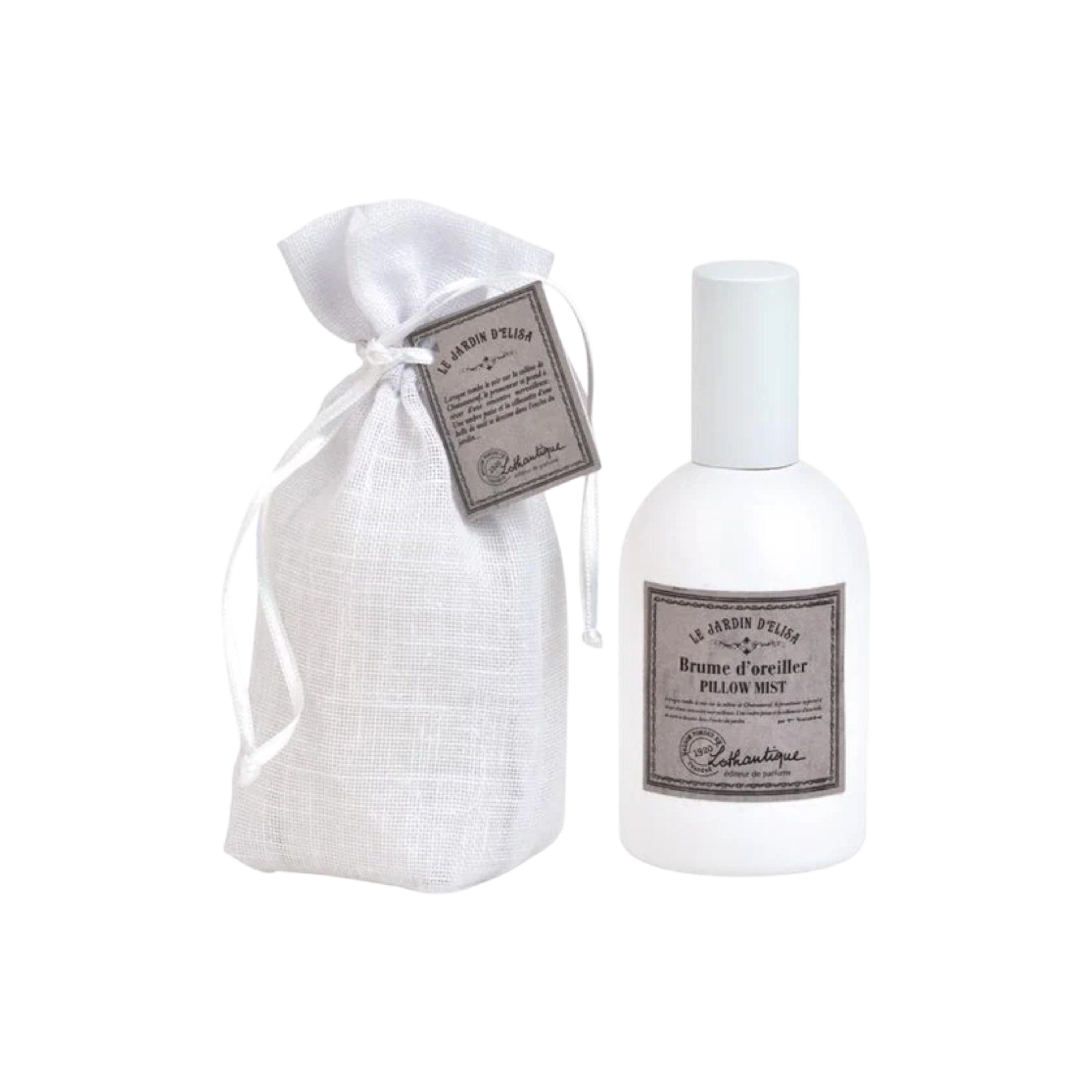 A white bottle of Collette & Marie 'En Rose Pillier' Pillow Mist next to a white linen drawstring pouch with a matching tag, set against a plain white background.