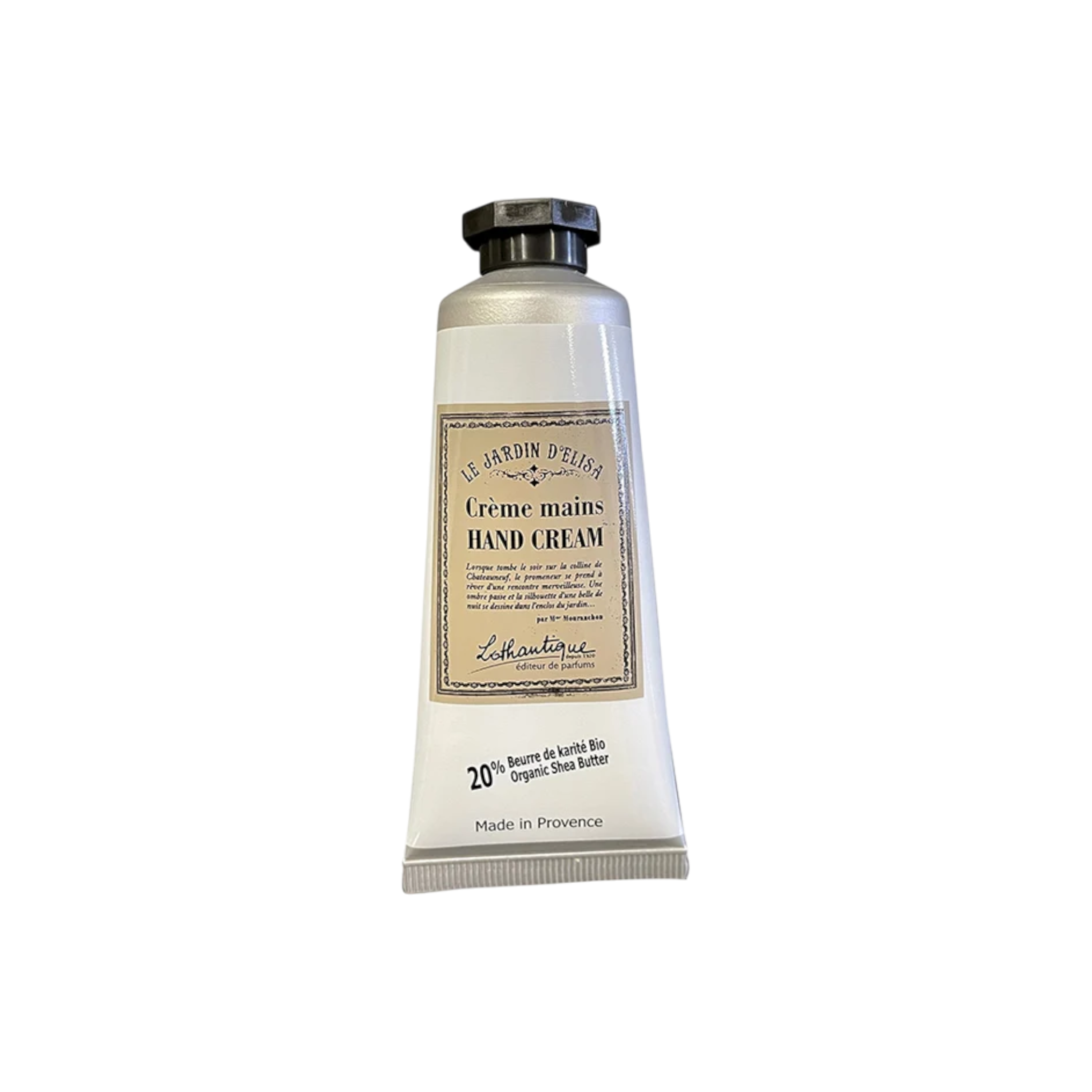 A squeeze tube of Le Jardin D'Elis Hand Cream with a black cap and a beige label, shown against a plain white background.