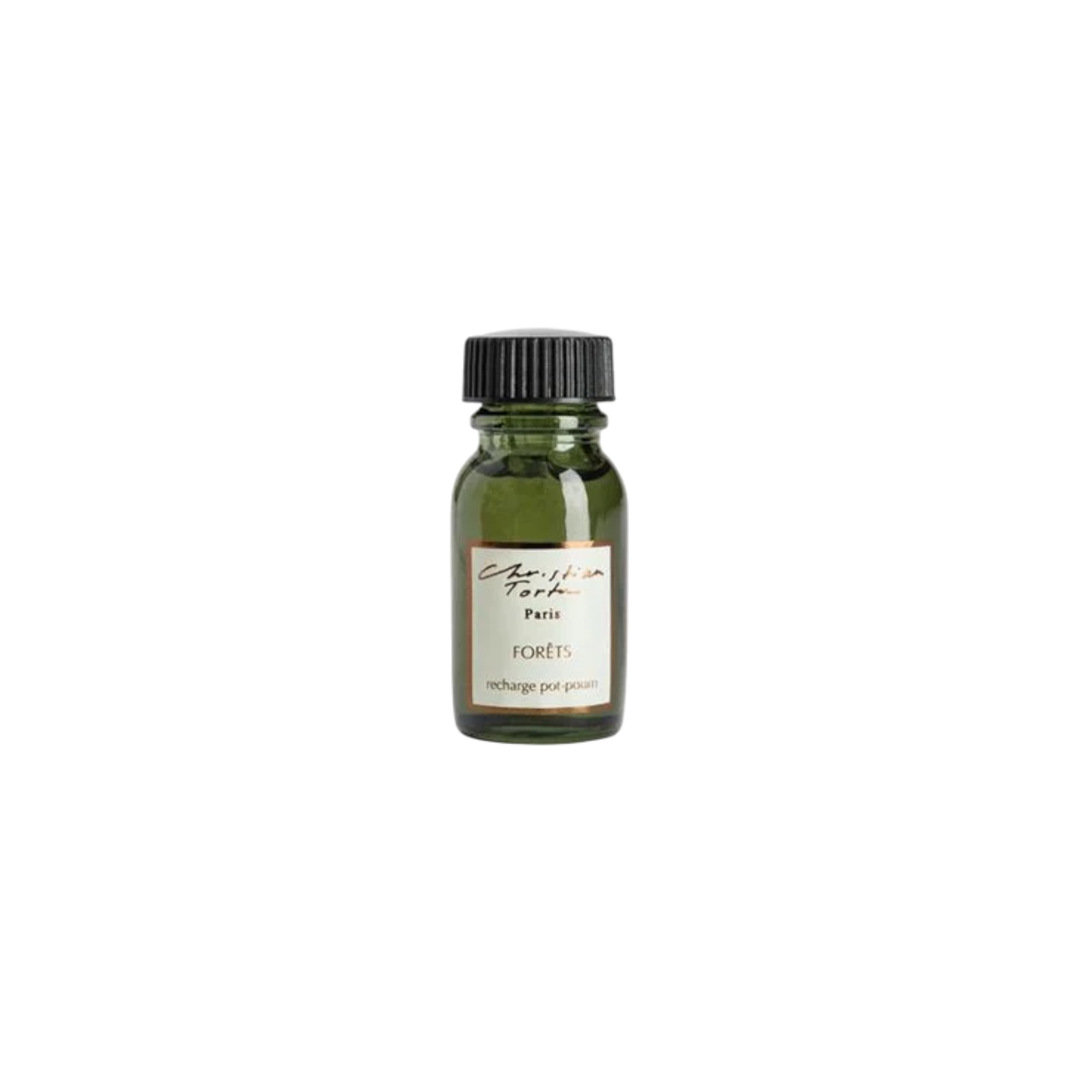 Christian Tortu Potpourri Refresher Oil - A small dark green glass bottle with a black ribbed cap and a cream label reading 'Christian Tortu' and 'forets', shown on a plain white background.