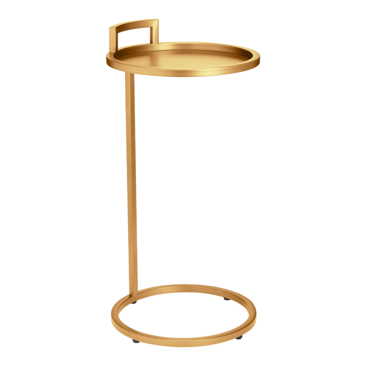 Taryn Side Table in brushed gold stainless steel with a round tray top, integrated rectangular handle, slim cantilevered support and open circular base.