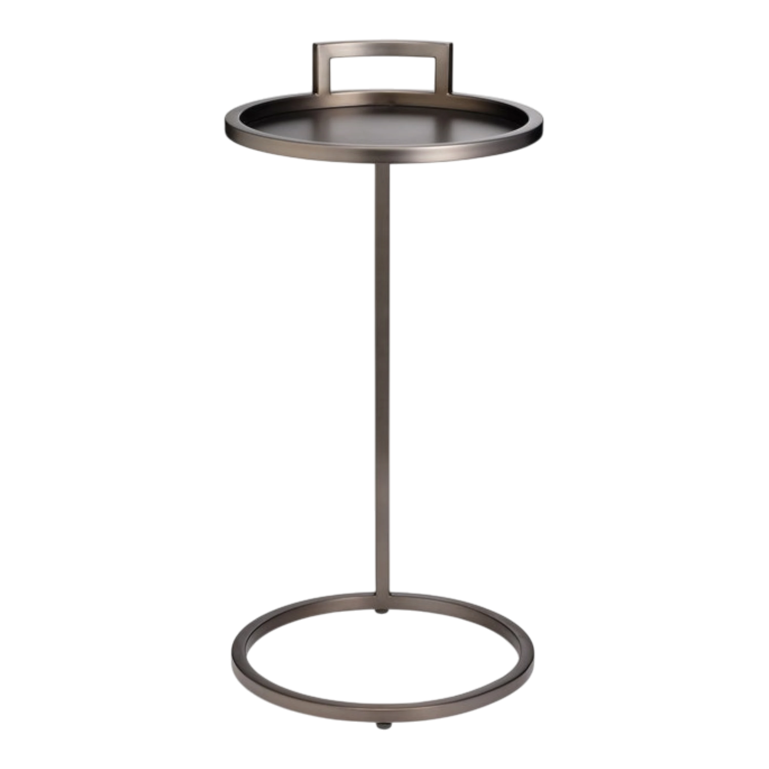Front view of the Taryn Side Table showing the round tray top, integrated handle, minimal metal support and open ring base.