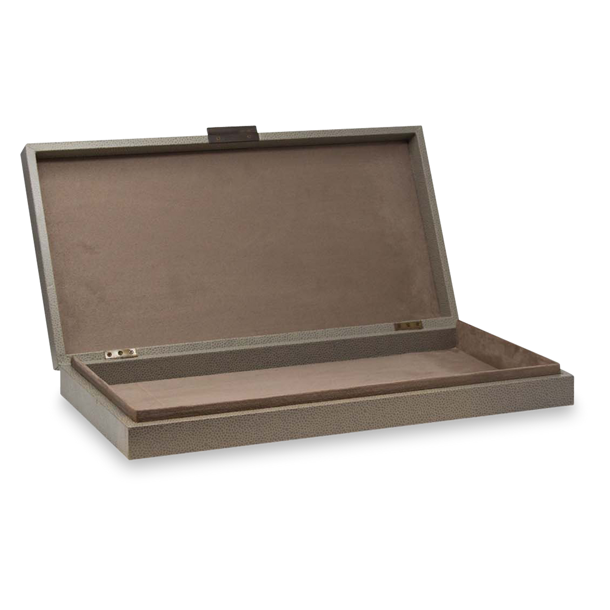 The perfect subtle graining of leather and understated bronze slim knobs provide fantastic complements for the bronze-coloured interior and smooth suede bases of these boxes.