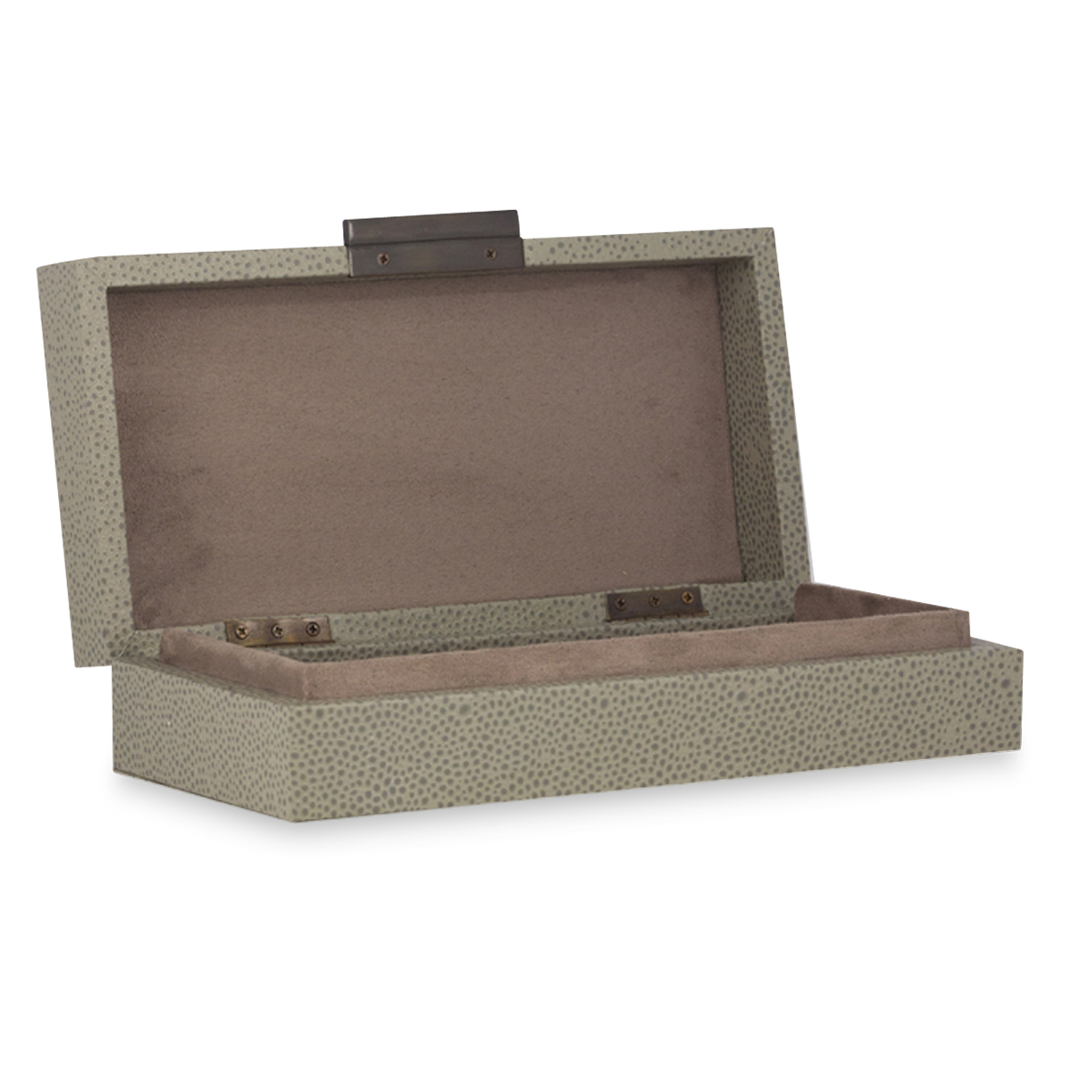 The perfect subtle graining of leather and understated bronze slim knobs provide fantastic complements for the bronze-coloured interior and smooth suede bases of these boxes.