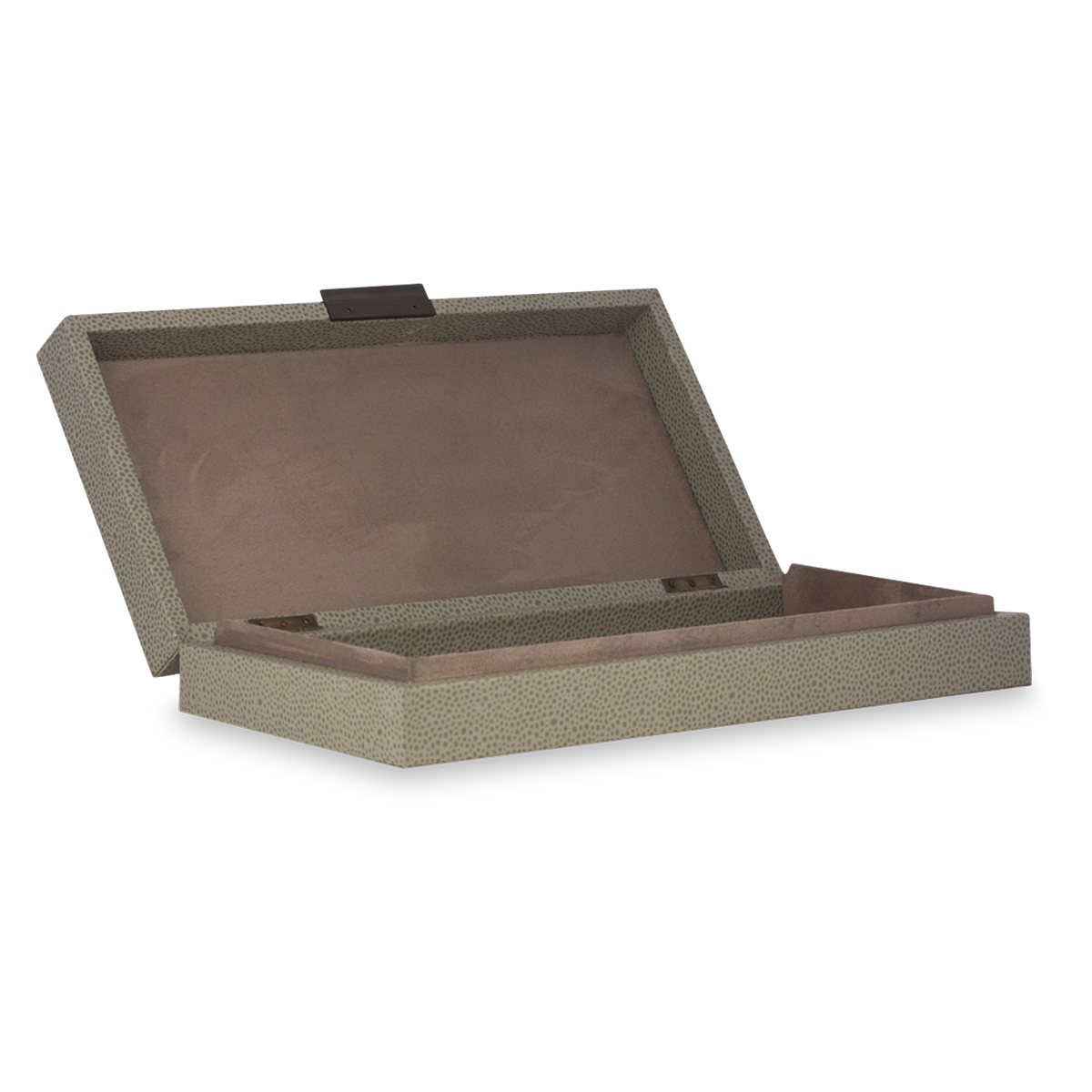 The perfect subtle graining of leather and understated bronze slim knobs provide fantastic complements for the bronze-coloured interior and smooth suede bases of these boxes.