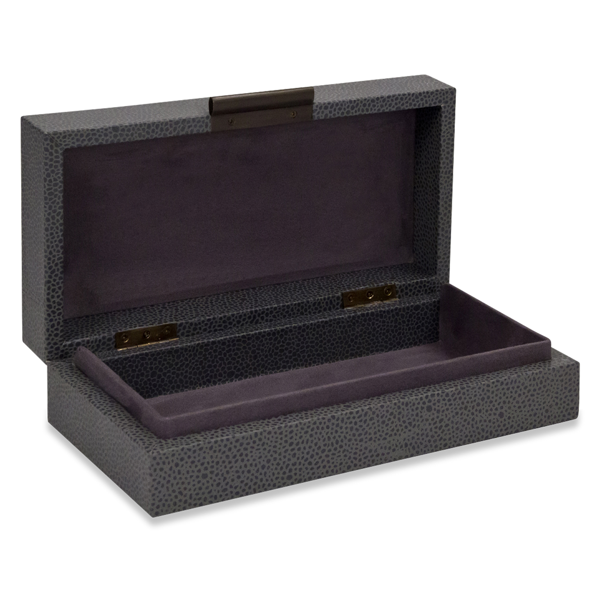 The perfect subtle graining of leather and understated bronze slim knobs provide fantastic complements for the stylish grey interior and smooth suede bases of these boxes.