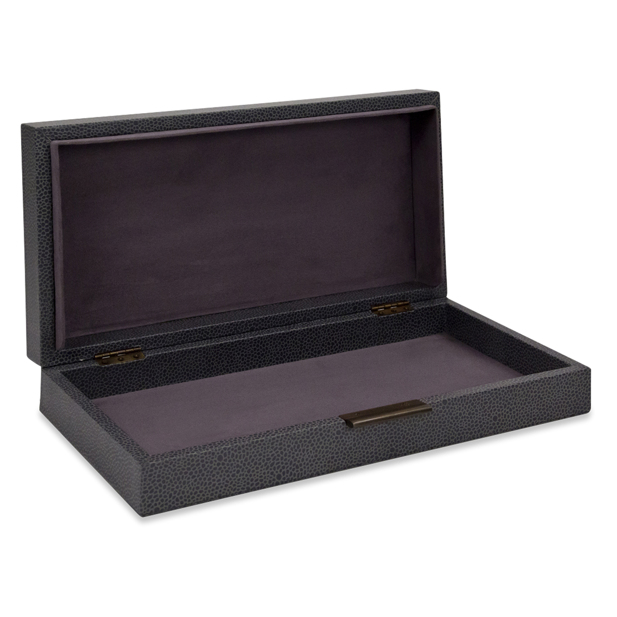 The perfect subtle graining of leather and understated bronze slim knobs provide fantastic complements for the stylish grey interior and smooth suede bases of these boxes.