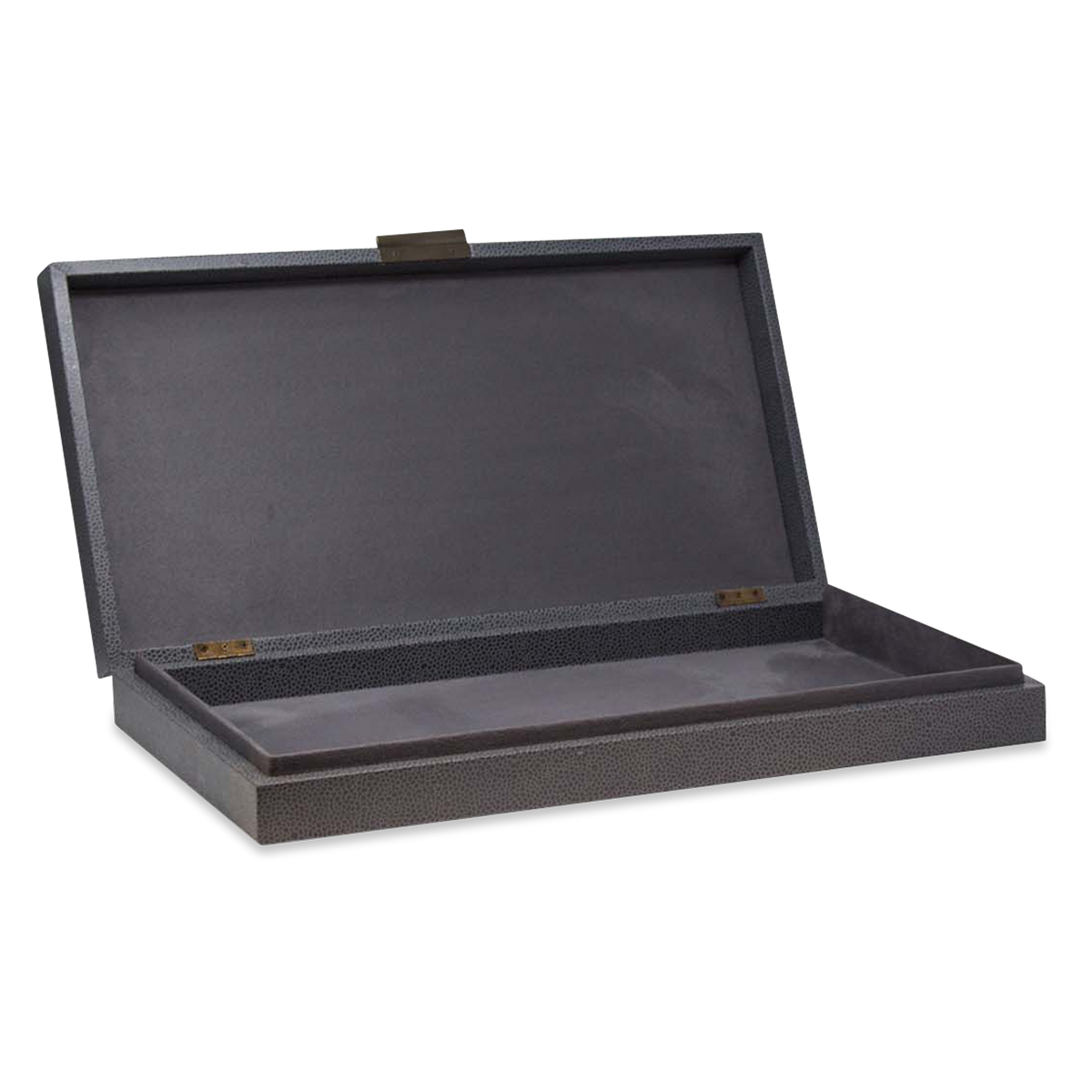 The perfect subtle graining of leather and understated bronze slim knobs provide fantastic complements for the stylish grey interior and smooth suede bases of these boxes.