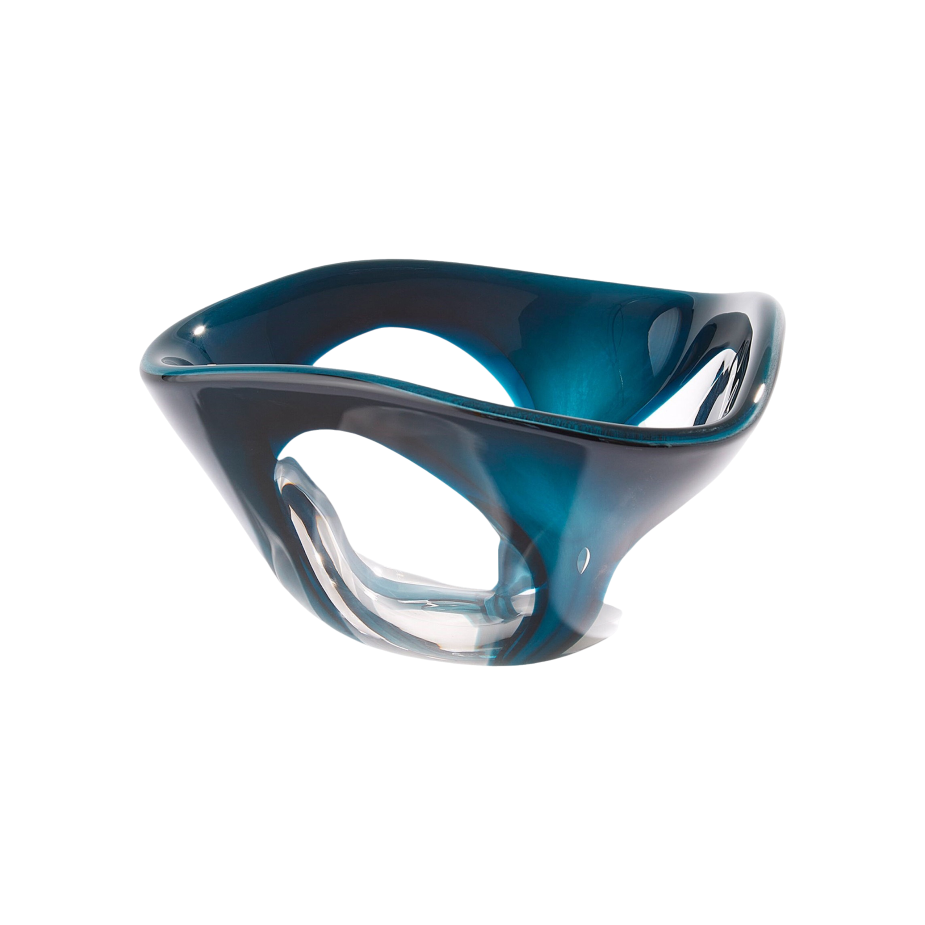 Two-Tone Art Glass Bowl Blue, angled view, showcasing the undulating rim, open sculptural form and blue-and-clear hand-blown glass.