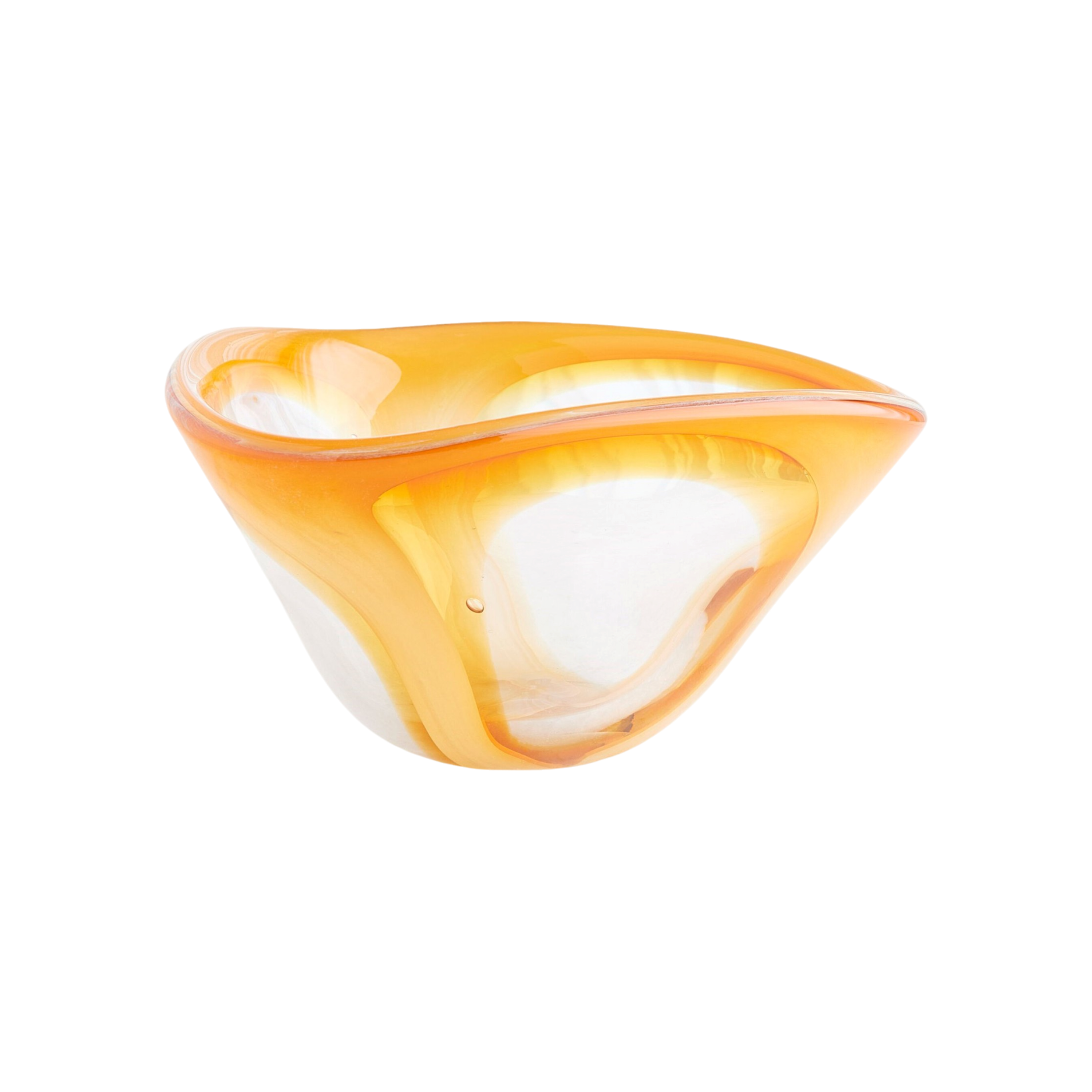 Two-Tone Art Glass Bowl Amber, angled view, showcasing the softly undulating rim and fluid amber-and-clear hand-blown glass design.