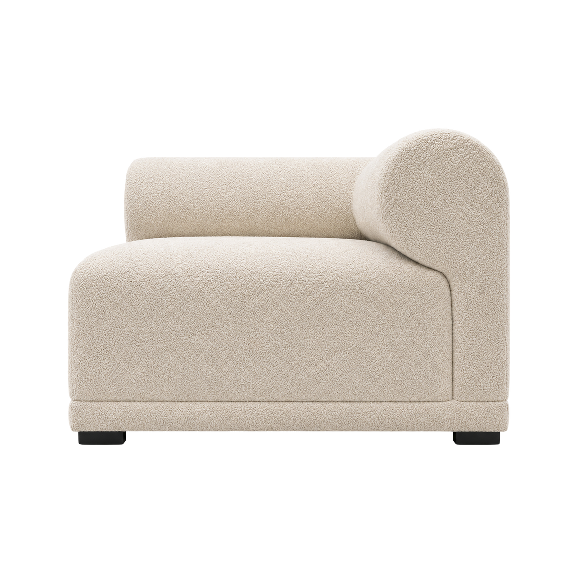 Capri Modular RAF Chair in off-white bouclé, front view showing the rounded bolster-style arm, deep seat, and open connecting end.