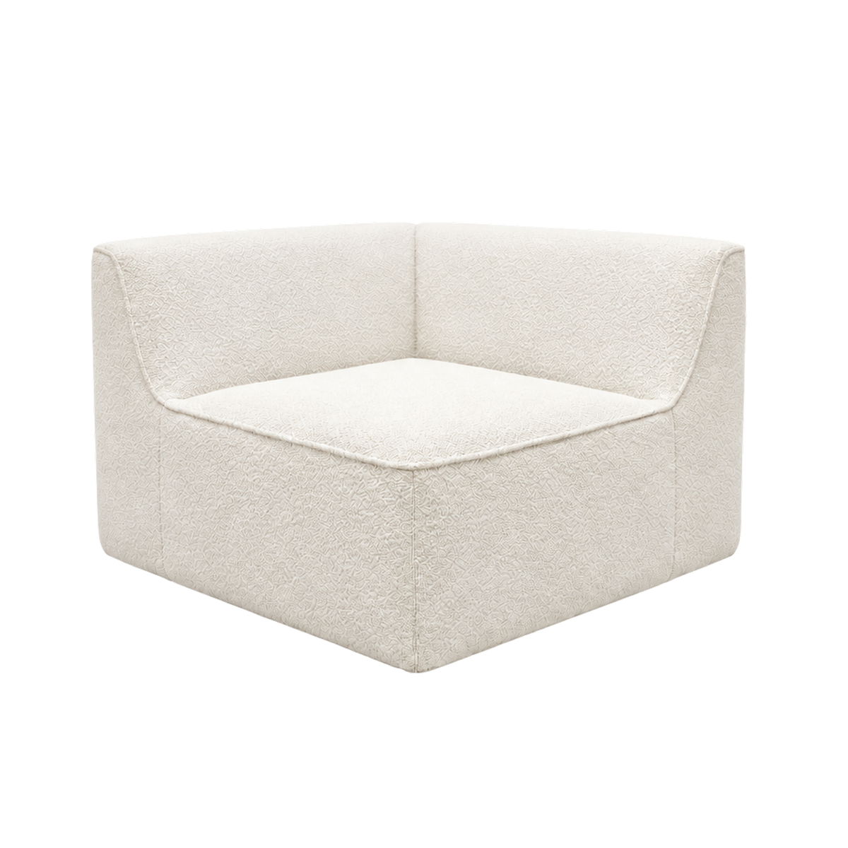 Bento Modular Corner Chair angled view highlighting the L-shaped back in ivory bouclé, curving down at both ends around a square seat with a fine piped edge.