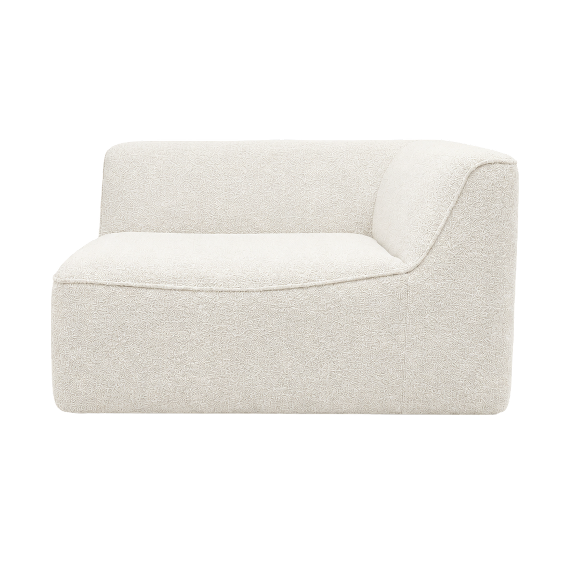Bento Modular Corner Chair in ivory bouclé, straight-on view of one side showing the wide contoured seat, curved piped edge and the back sloping down into a rounded end on the right.