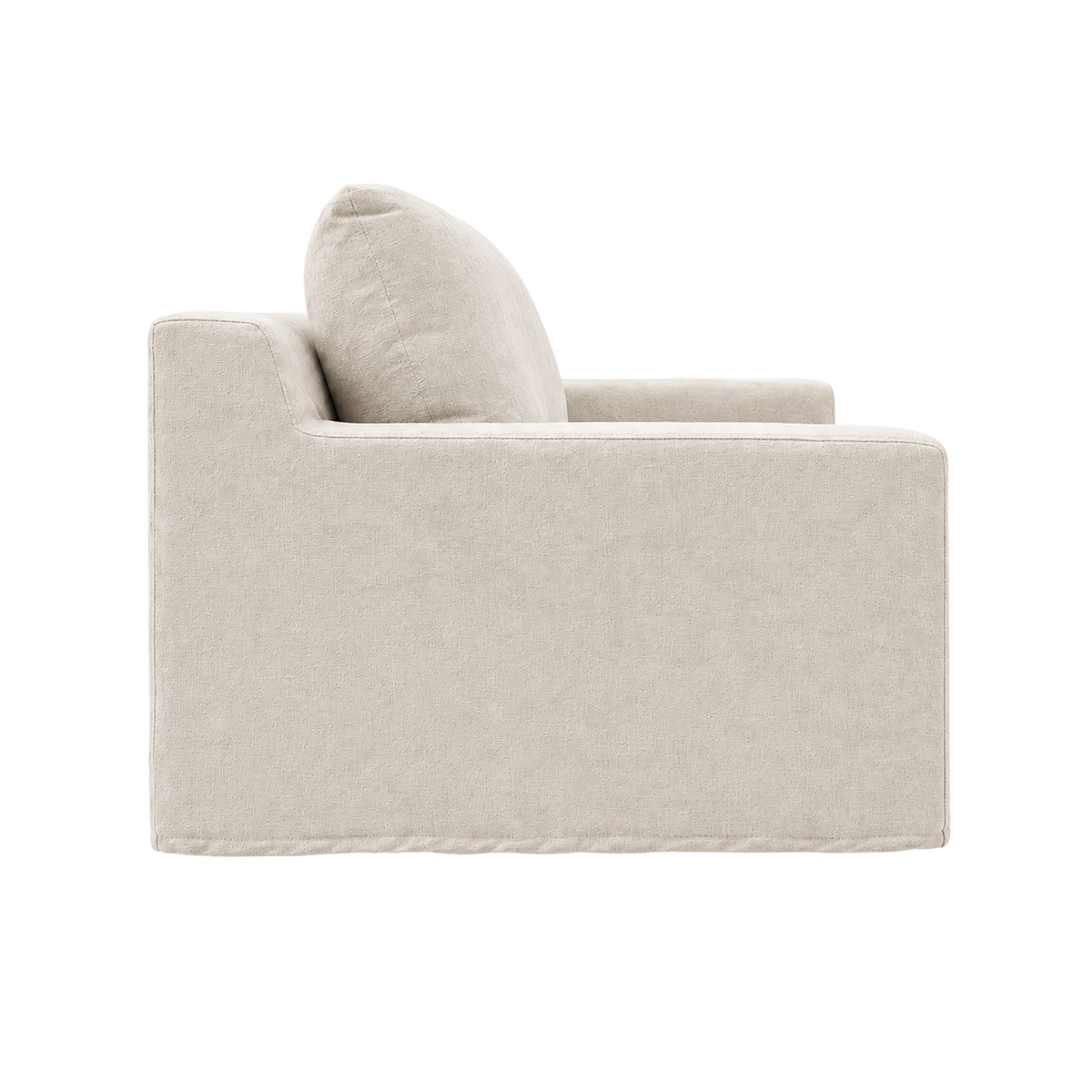 Babylon Sofa in natural linen, side view showing the track arm's piped edge, a rounded back cushion and the upholstered base's straight drop to the floor.