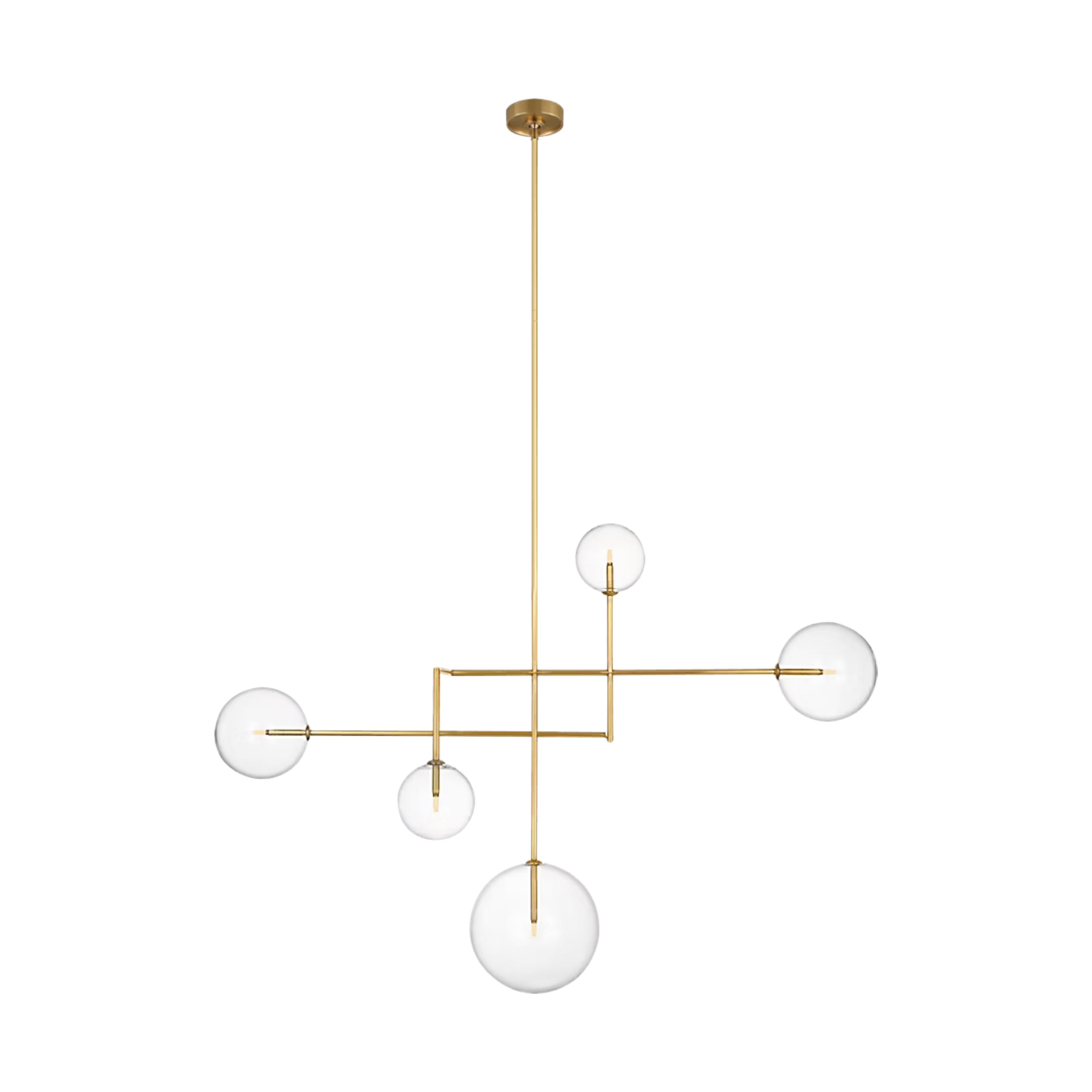 Linnea 57" brass chandelier with asymmetrical geometric arms and five glass globe lights in varied sizes.