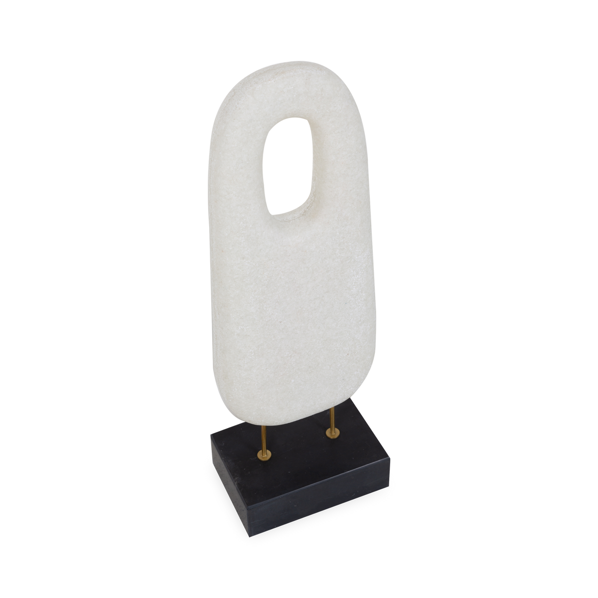 The monolithium shape is executed in marble that accurately replicates the look of Thassos marble with a honed black marble base and brass pegs.
