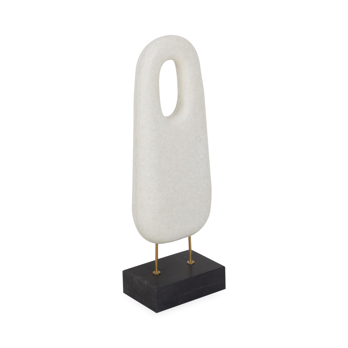The monolithium shape is executed in marble that accurately replicates the look of Thassos marble with a honed black marble base and brass pegs.