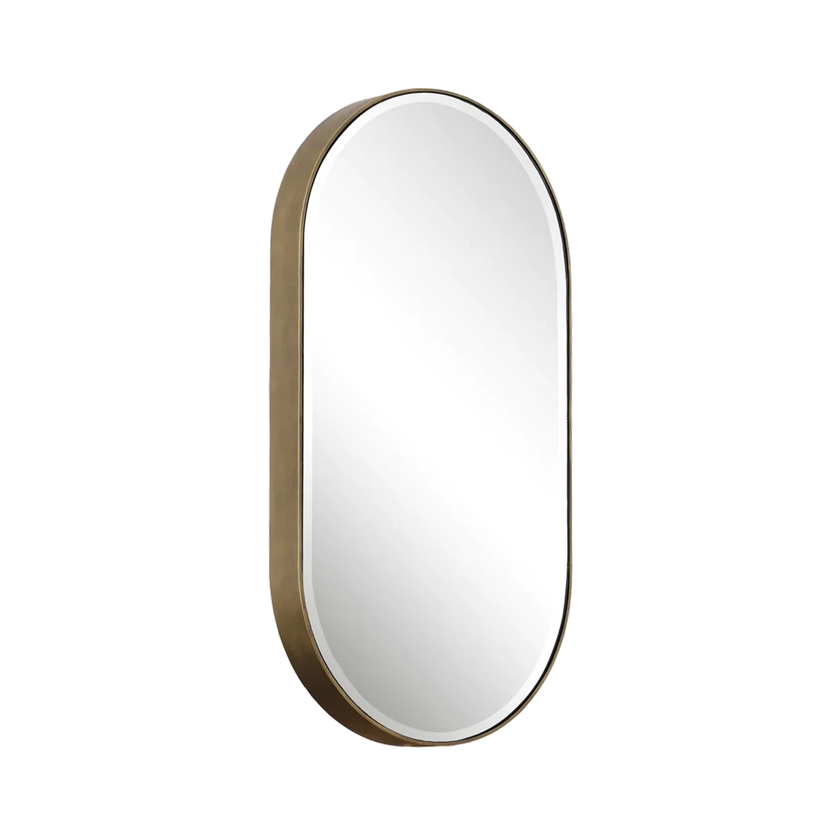 Perfect for any room or hallway, the Villa Oval Mirror is finished with an antiqued gold on a deep iron frame and an one-inch beveled design with a deep edge to accentuate the mirror