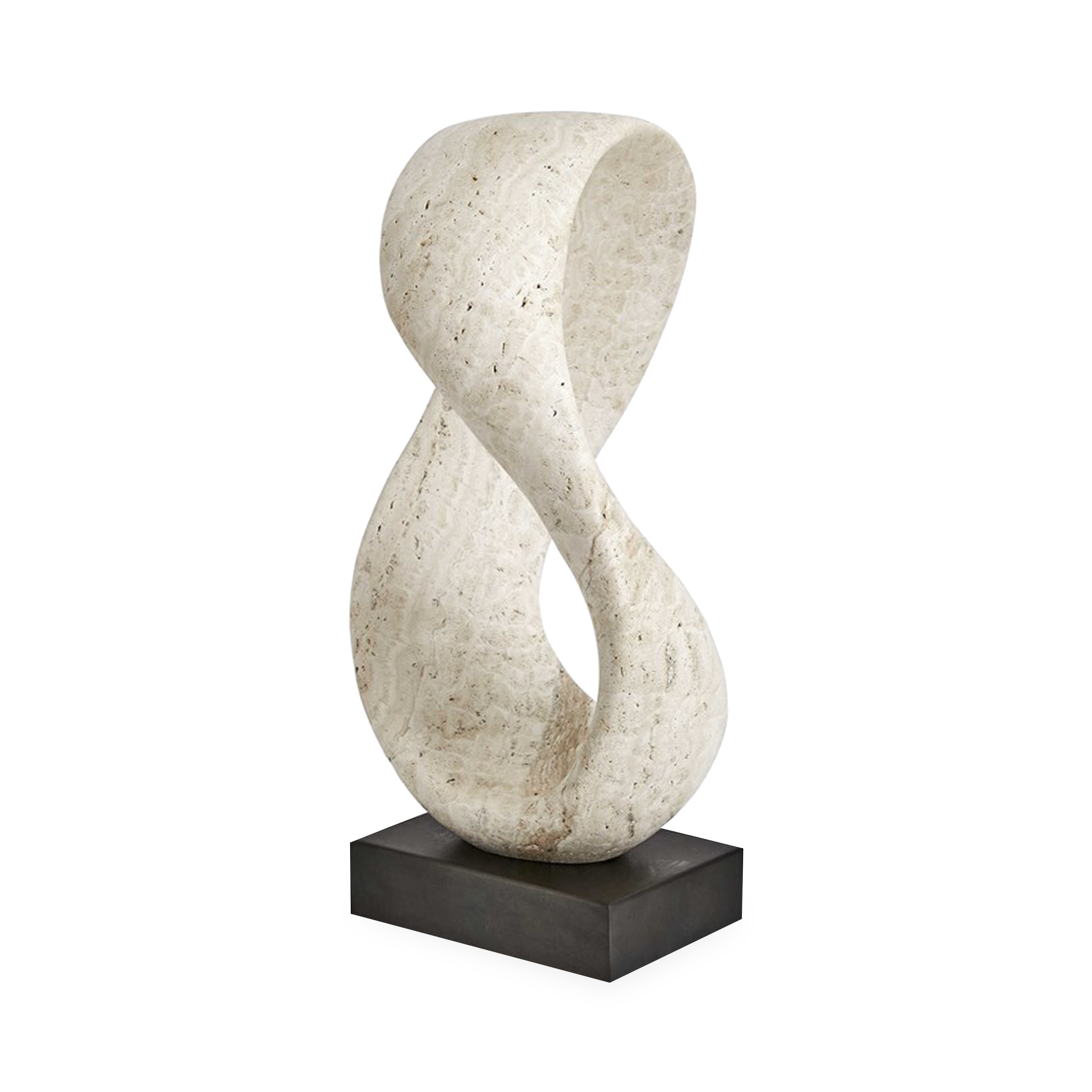 Characterized by its endless twisted loop form, the Twist Travertine Sculpture features a beige, unfilled honed travertine body and sits atop a bronzed metal base.