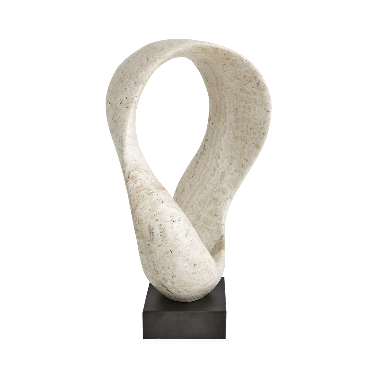 Characterized by its endless twisted loop form, the Twist Travertine Sculpture features a beige, unfilled honed travertine body and sits atop a bronzed metal base.