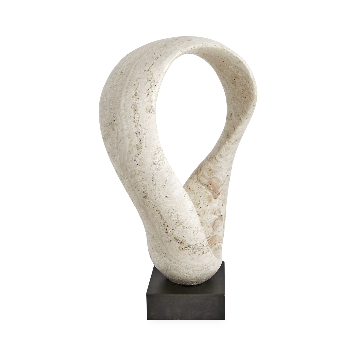 Characterized by its endless twisted loop form, the Twist Travertine Sculpture features a beige, unfilled honed travertine body and sits atop a bronzed metal base.
