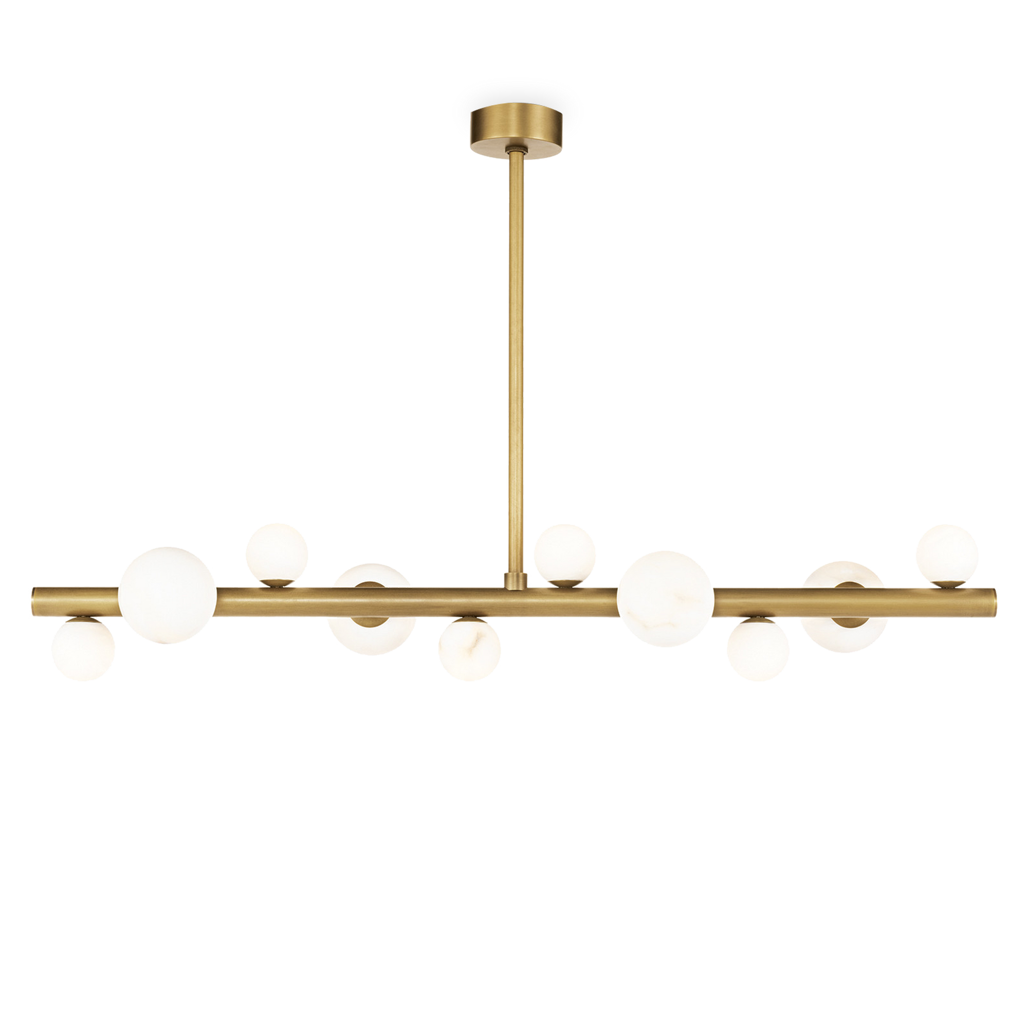 Natural alabaster stone orbs dance around a metal base, adding a spectacular sculptural element to your home.