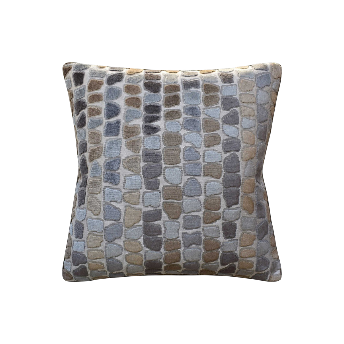 Riverstone Pillow 22X22 Pebble with an irregular stone-inspired pattern in soft grey, taupe, beige and warm tan tones.