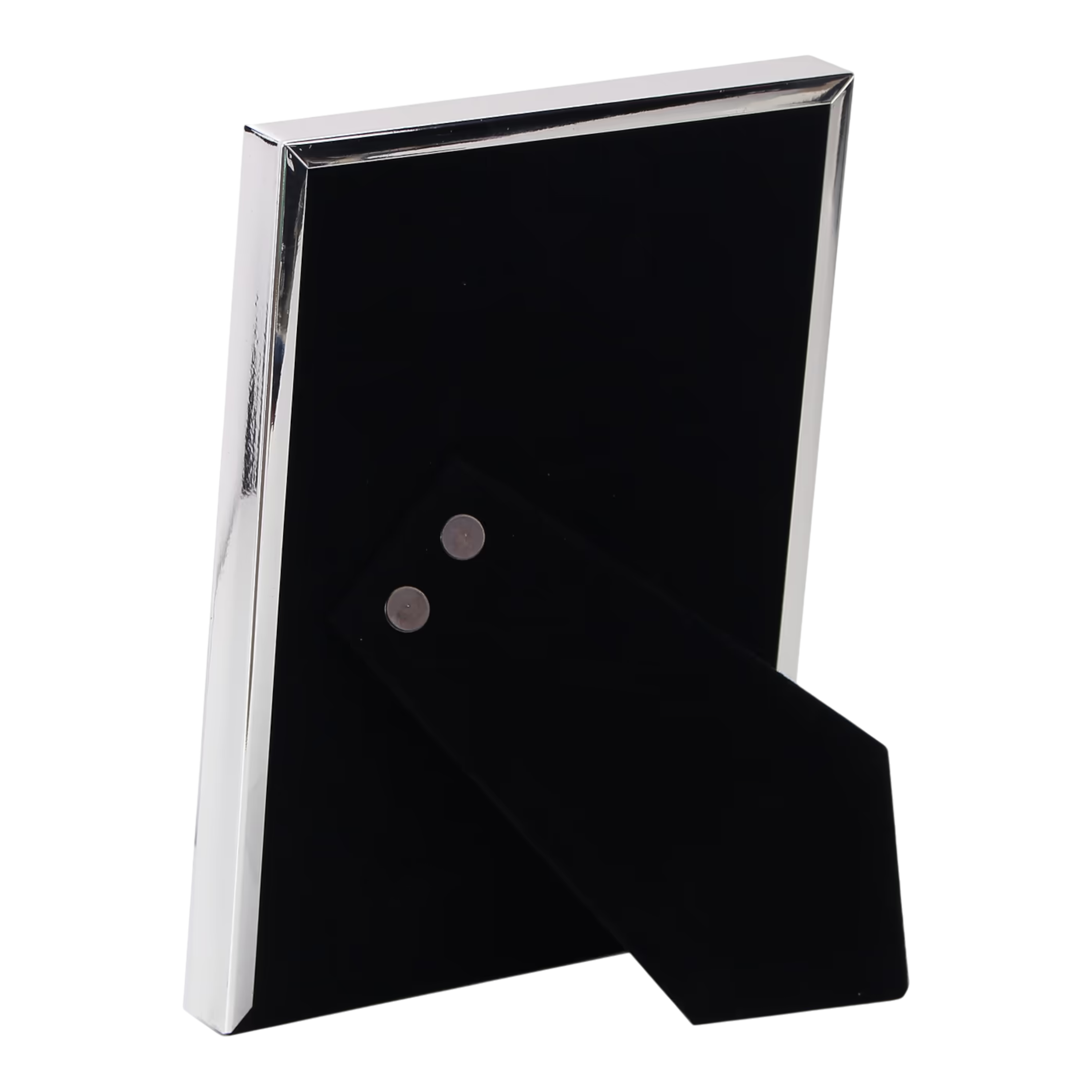 Square Frame with polished silver-plated border, black velvet backing and fold-out stand, shown from the back.