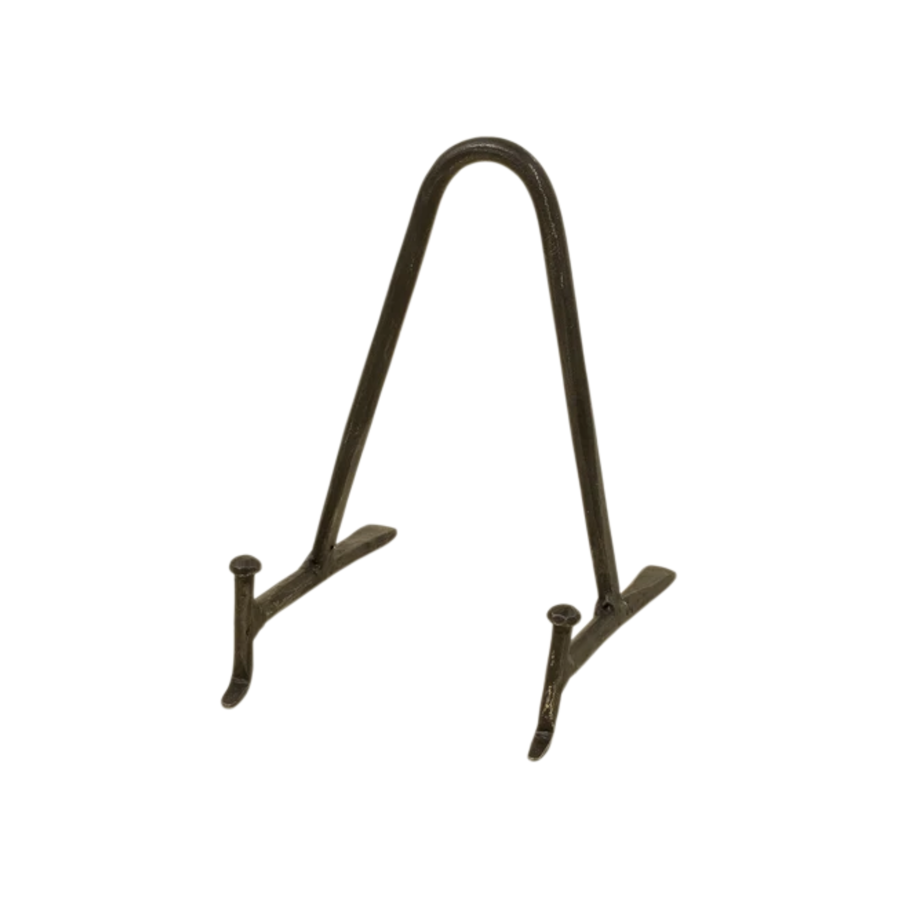 Large Arc Display Stand in black iron with a rounded arch frame, slim supports and splayed feet designed to hold a plate, book or framed decorative object.