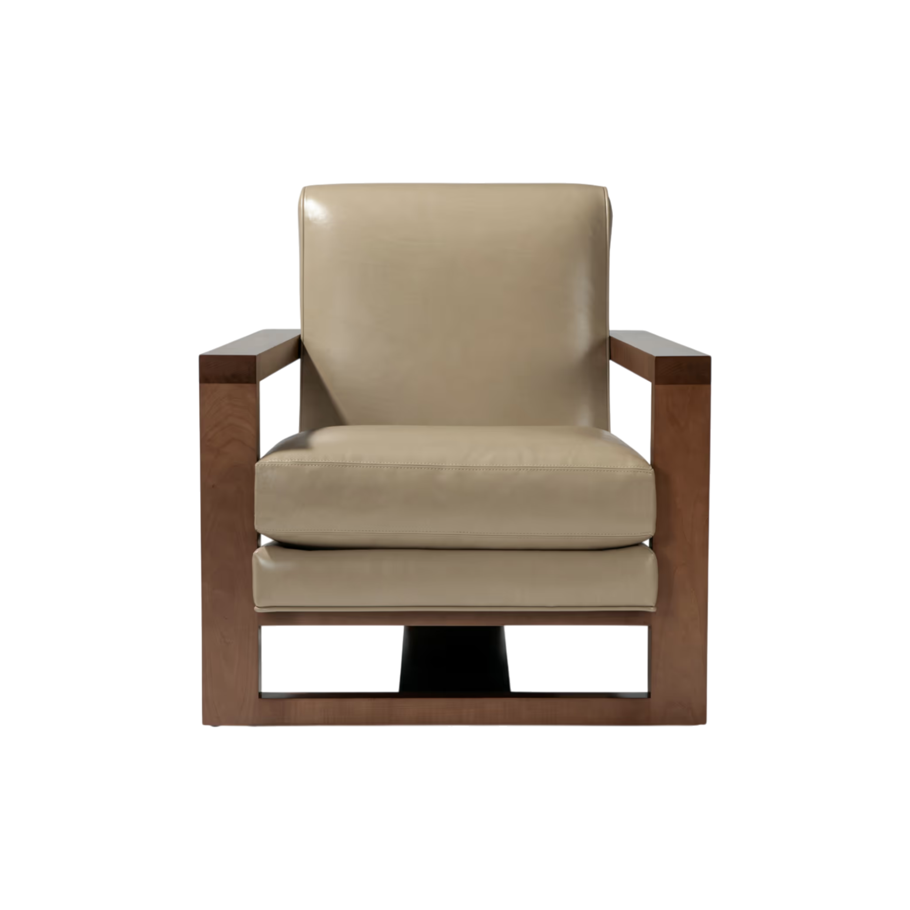 Front view of the Roger Lounge Chair, featuring a cream upholstered seat and back framed by broad rectangular wood arms and a low open base.