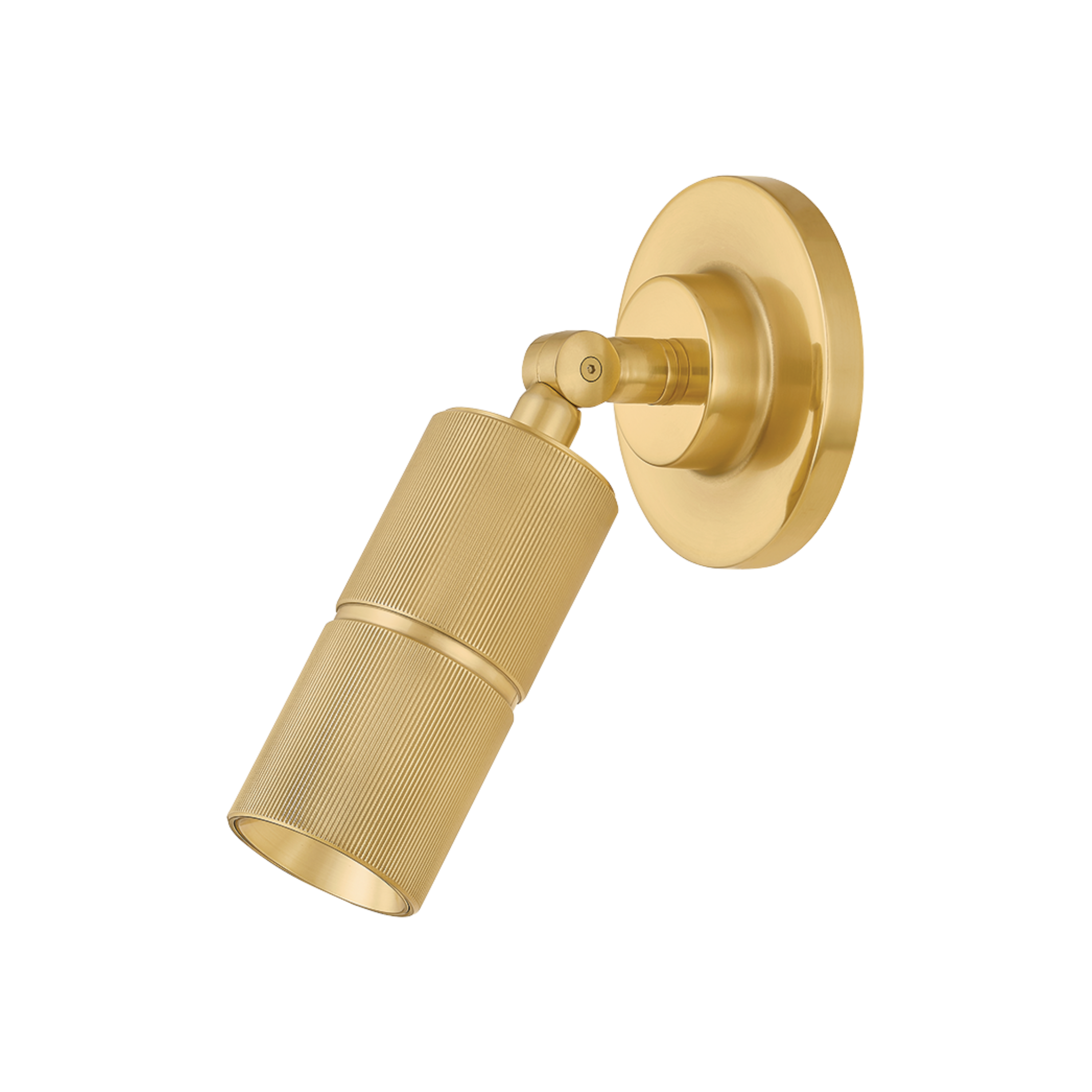 Truett LED Wall Light in brass shown angled on its adjustable hinge, highlighting the ribbed cylindrical spotlight and circular wall plate.