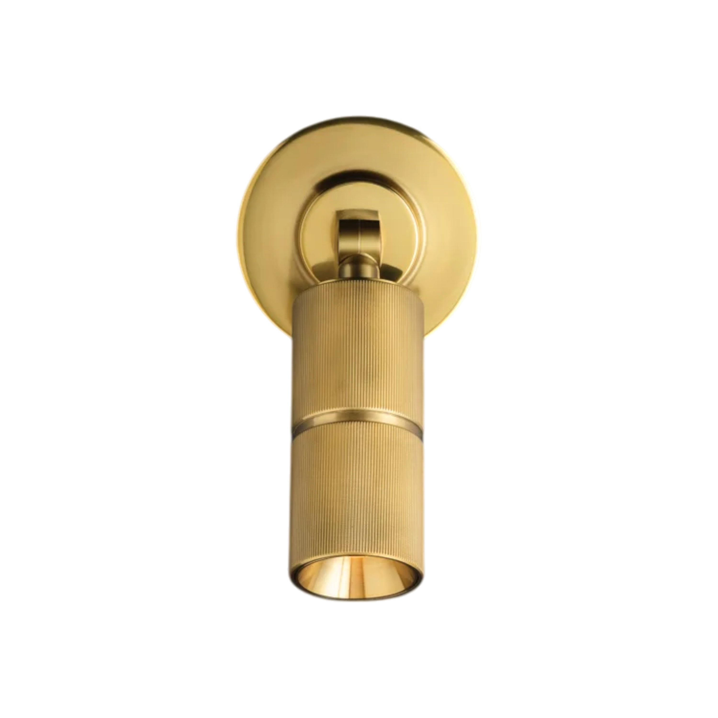 Truett LED Wall Light in brass with cylindrical knurled spotlight head mounted vertically on a round brass backplate.