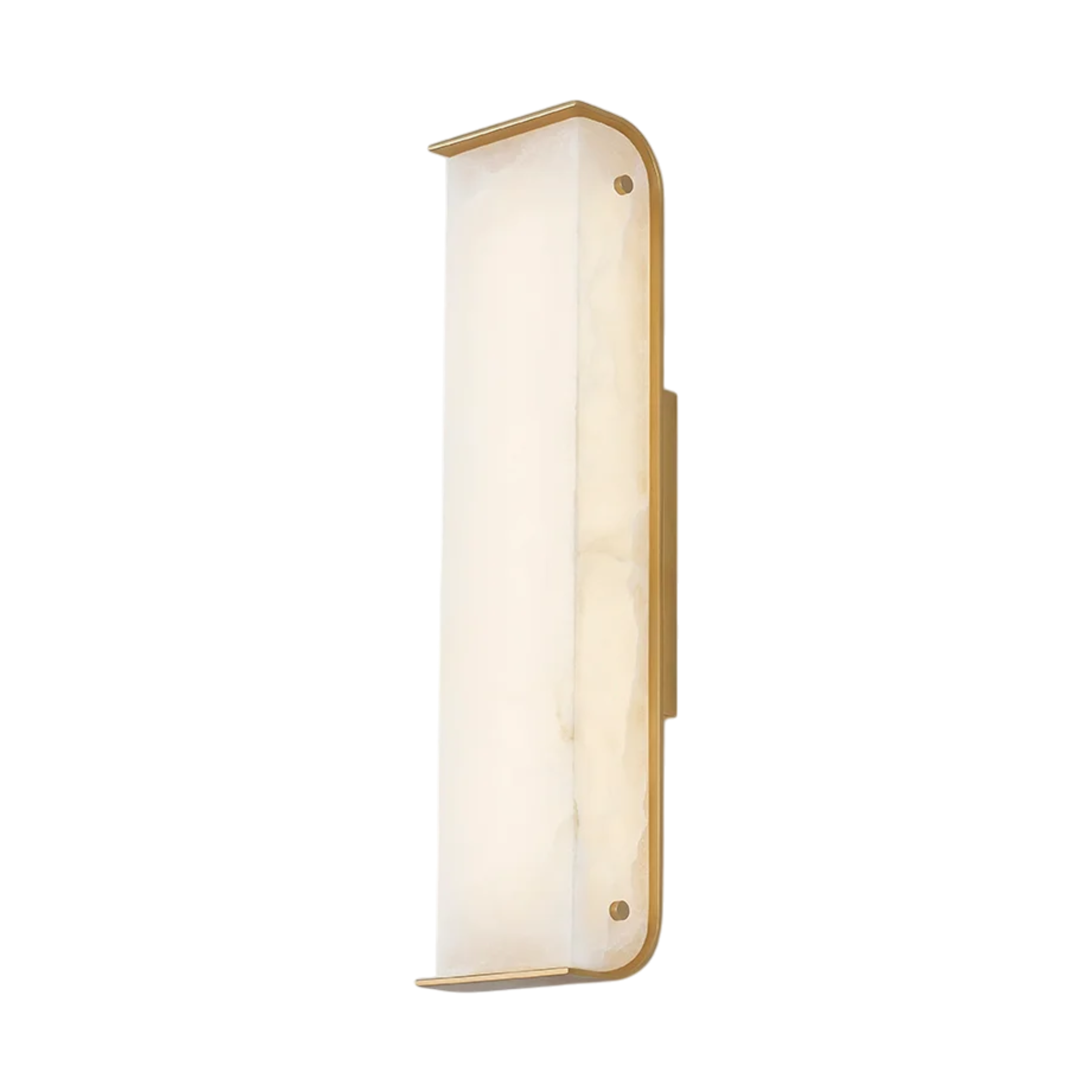 Angled view of Hera LED Wall Light with tall alabaster shade, rounded brass frame and minimalist vertical profile.