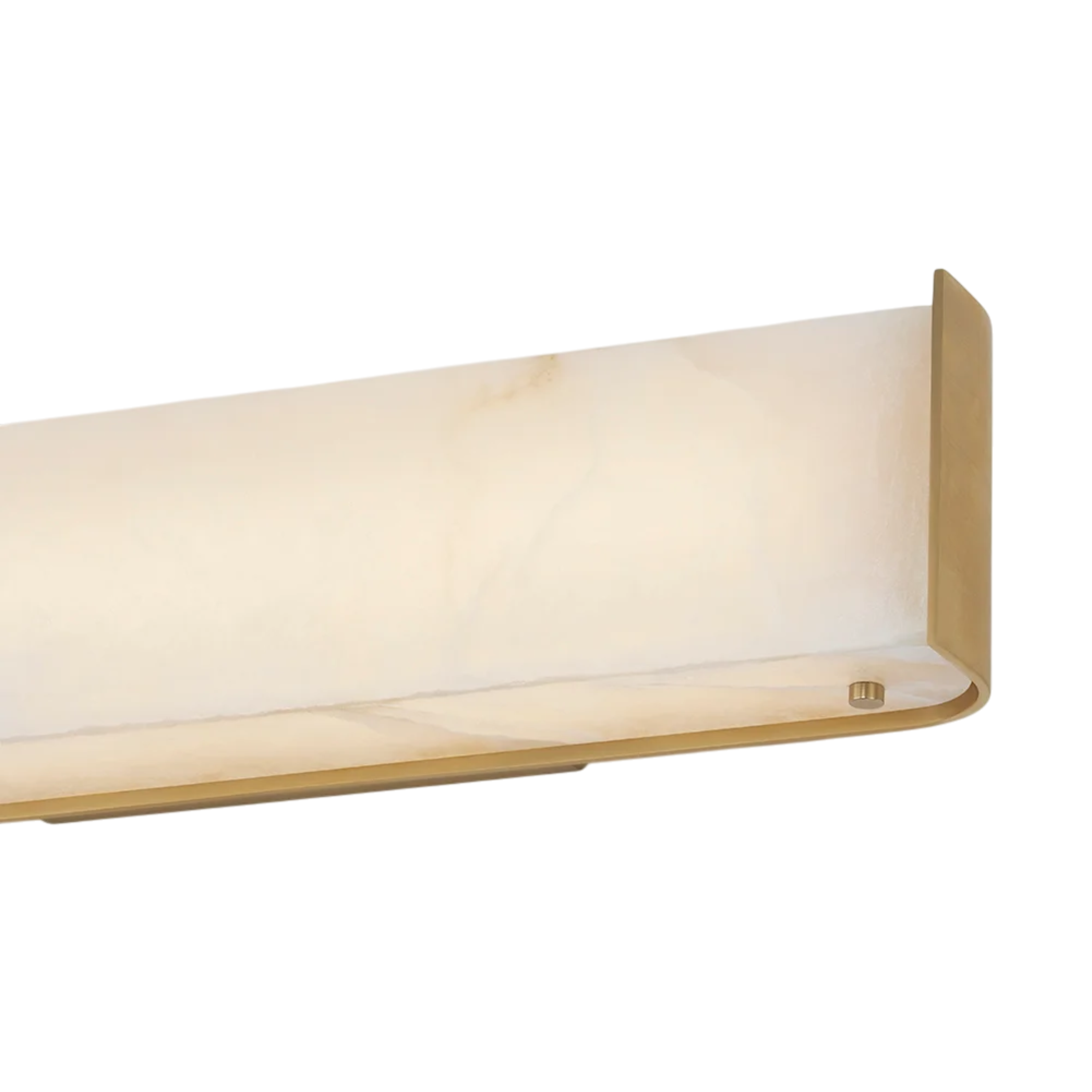 Close-up of Hera LED Wall Light showing illuminated alabaster stone and curved Vintage Brass frame.