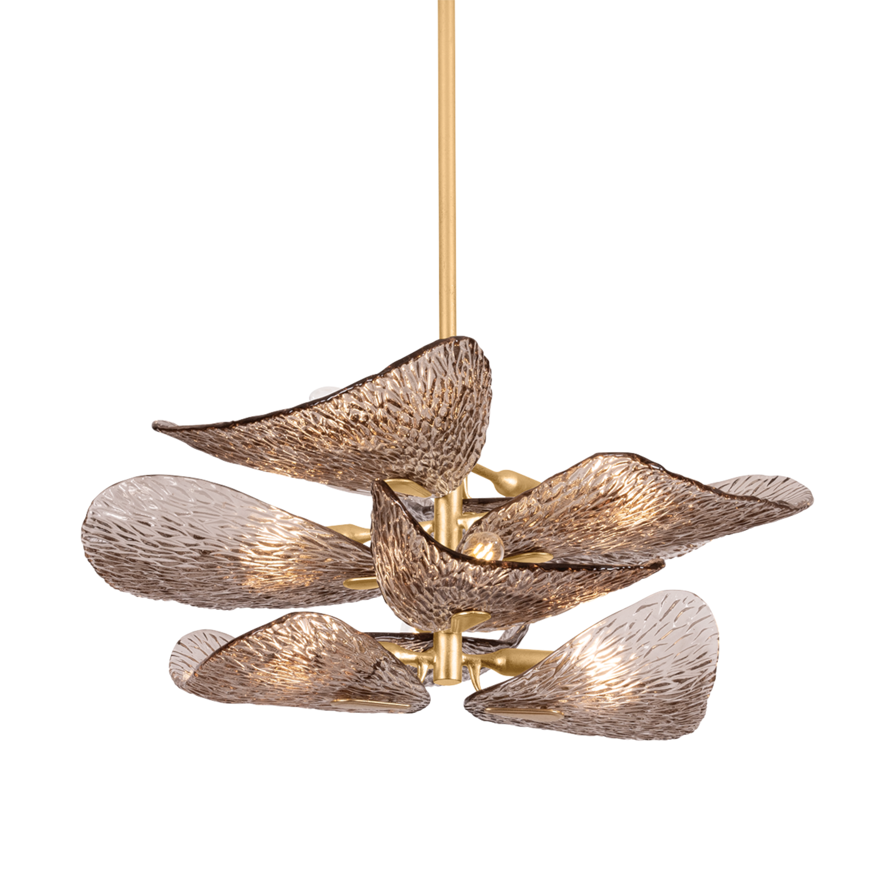 Cardiff 8-light ceiling light with dark bronze textured Piastra glass petals and Vintage Gold Leaf frame.