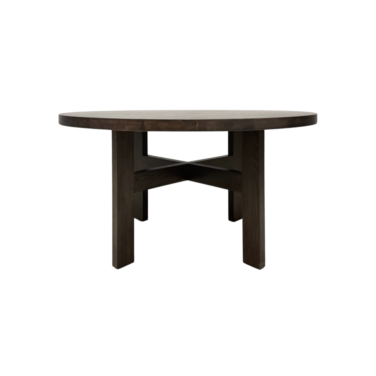 Chino Dining Table in smoked ash with round top, four square legs and crossed stretcher base.