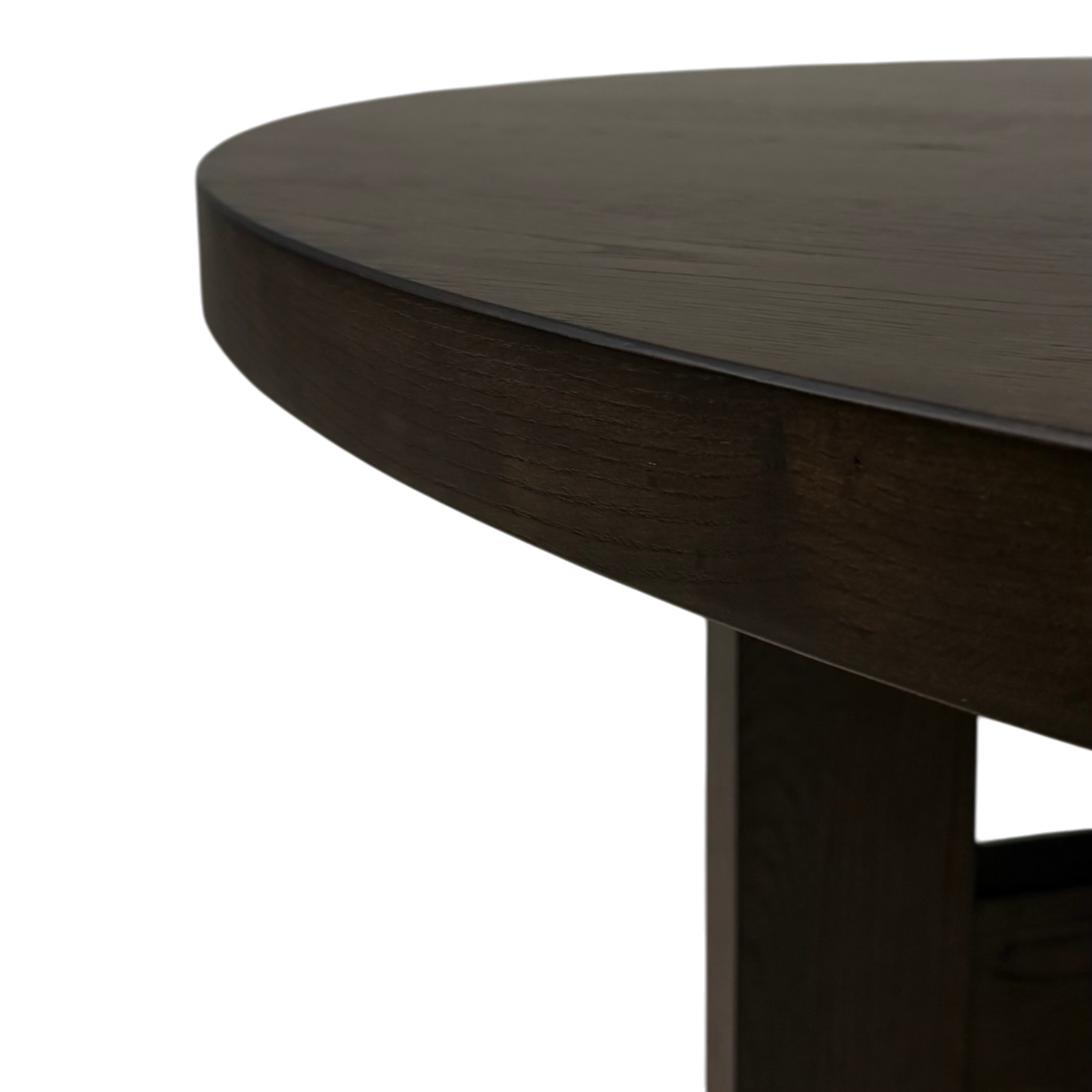 Close-up of Chino Dining Table showing the rounded tabletop edge, smoked ash grain and square leg construction.