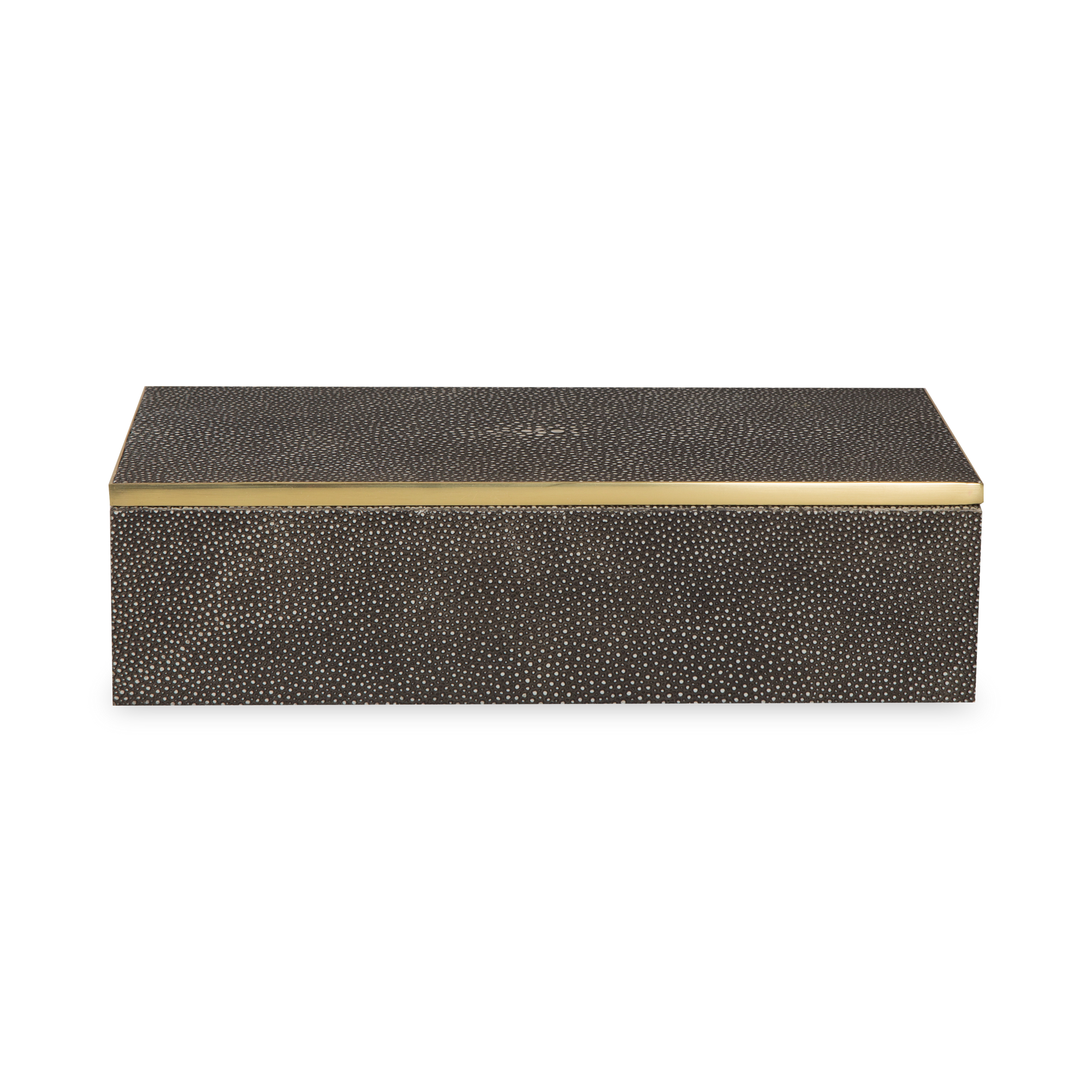 Stay organized with this box wrapped in luxurious shagreen with brass accents and velvet backing.