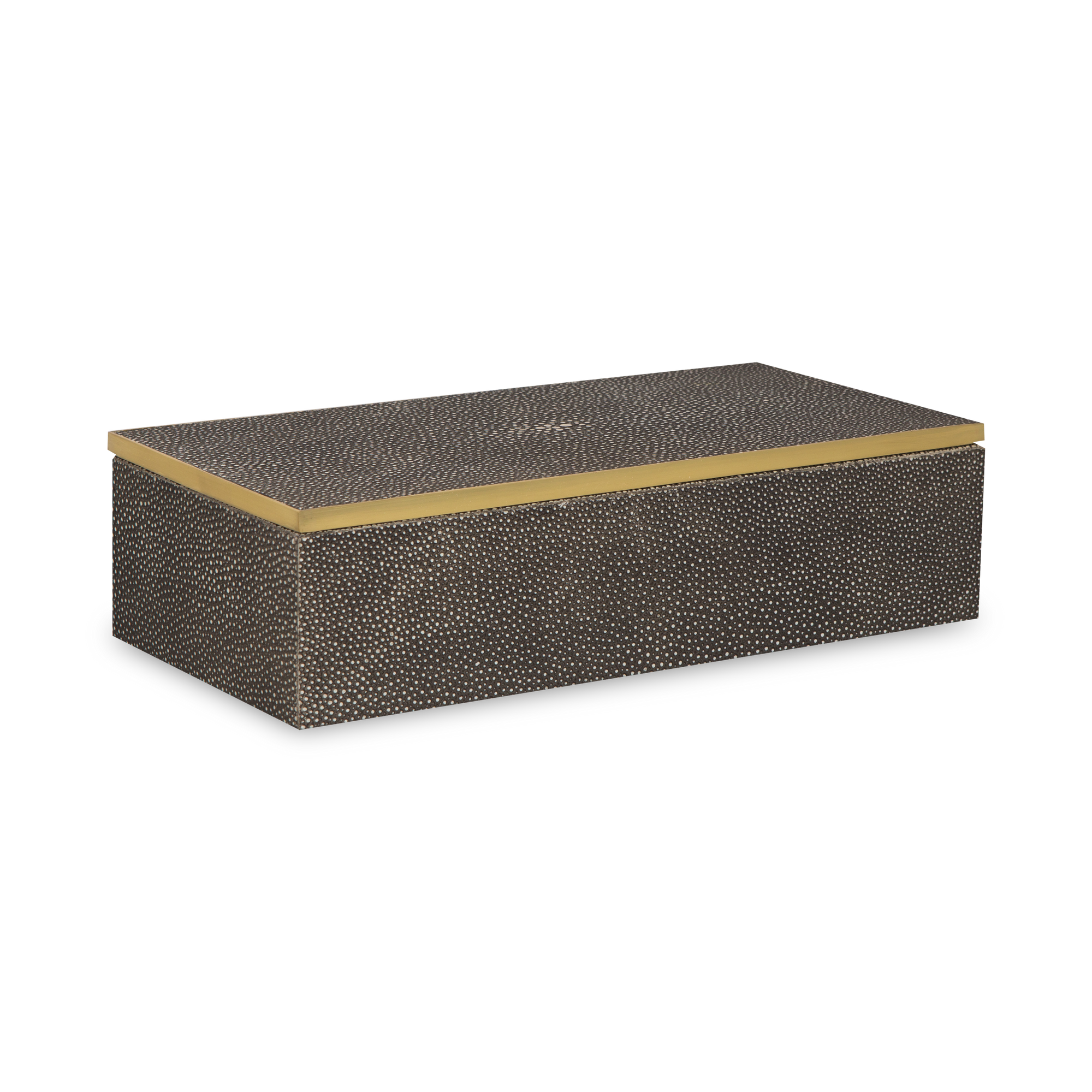 Stay organized with this box wrapped in luxurious shagreen with brass accents and velvet backing.