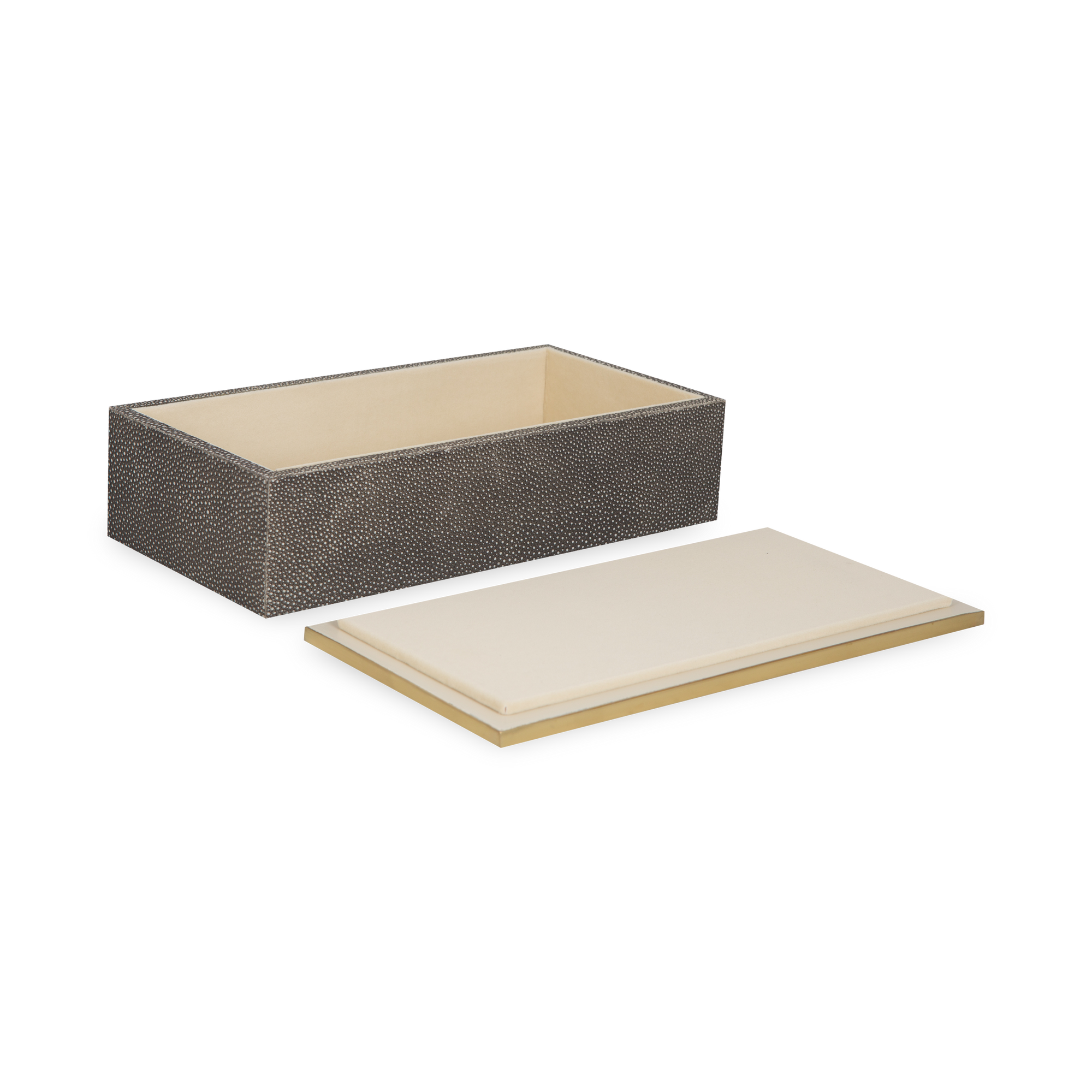 Stay organized with this box wrapped in luxurious shagreen with brass accents and velvet backing.
