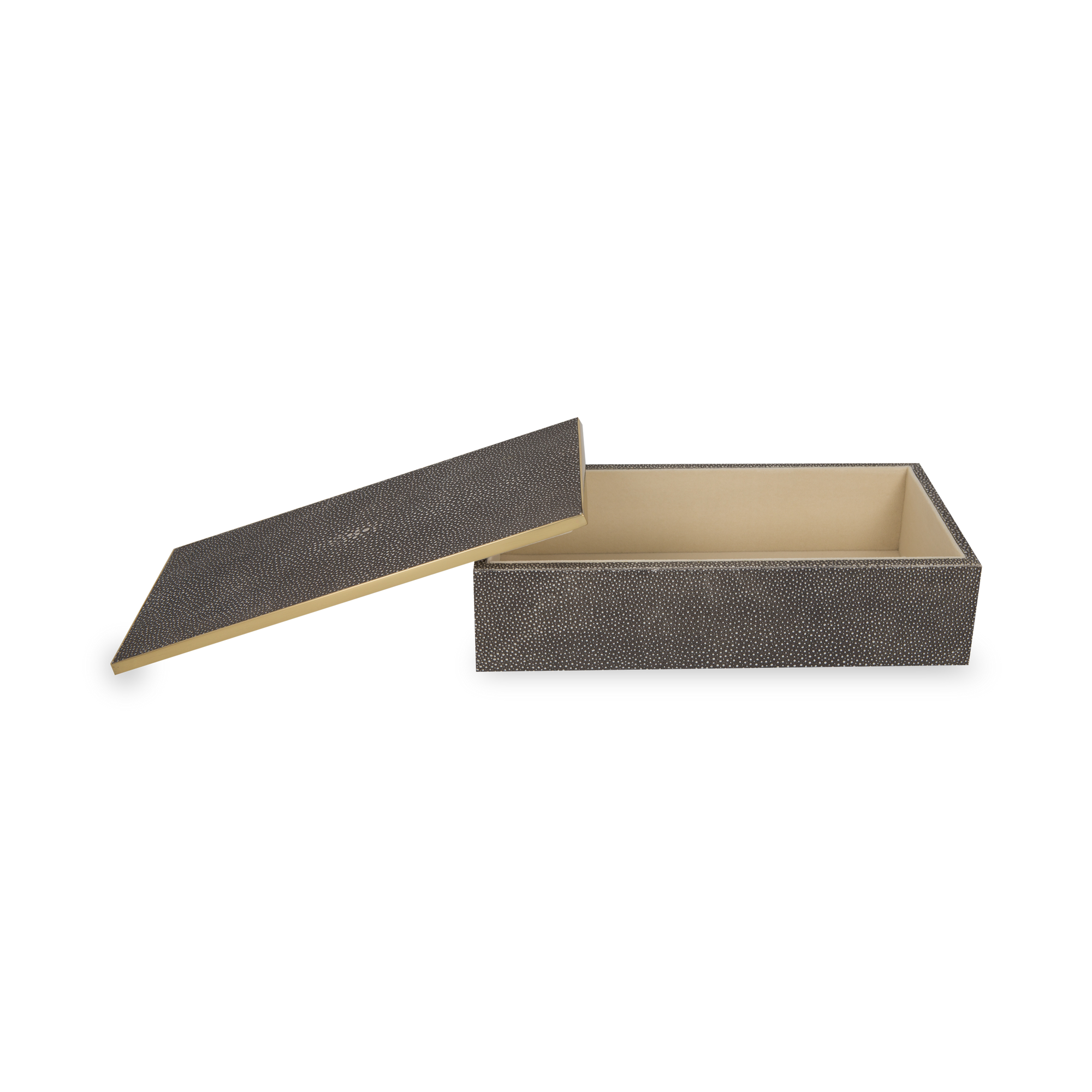 Stay organized with this box wrapped in luxurious shagreen with brass accents and velvet backing.
